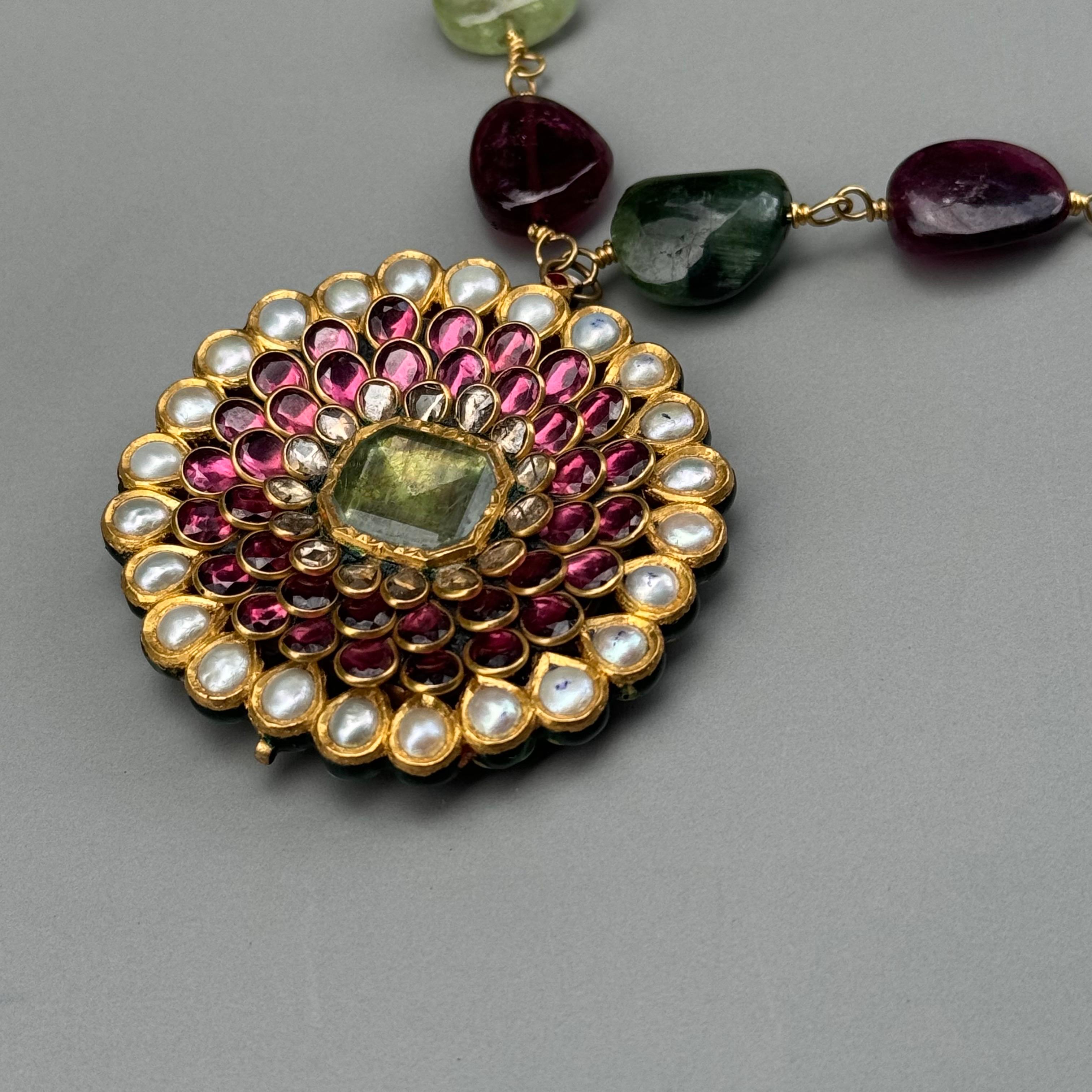 Bead Fine Mughal Indian Gold Tourmaline Pearl Diamond Pendant Necklace For Sale