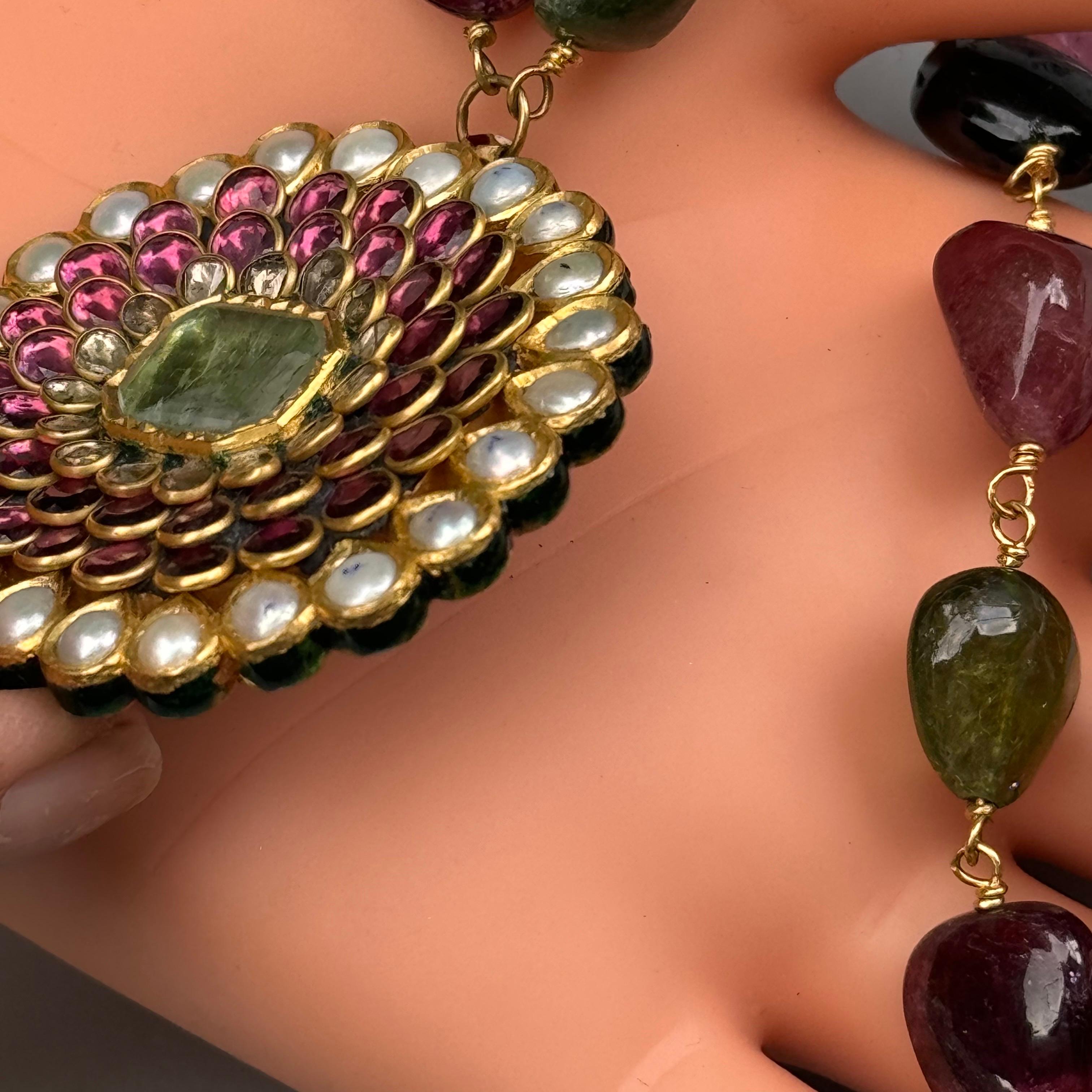 Fine Mughal Indian Gold Tourmaline Pearl Diamond Pendant Necklace For Sale 1