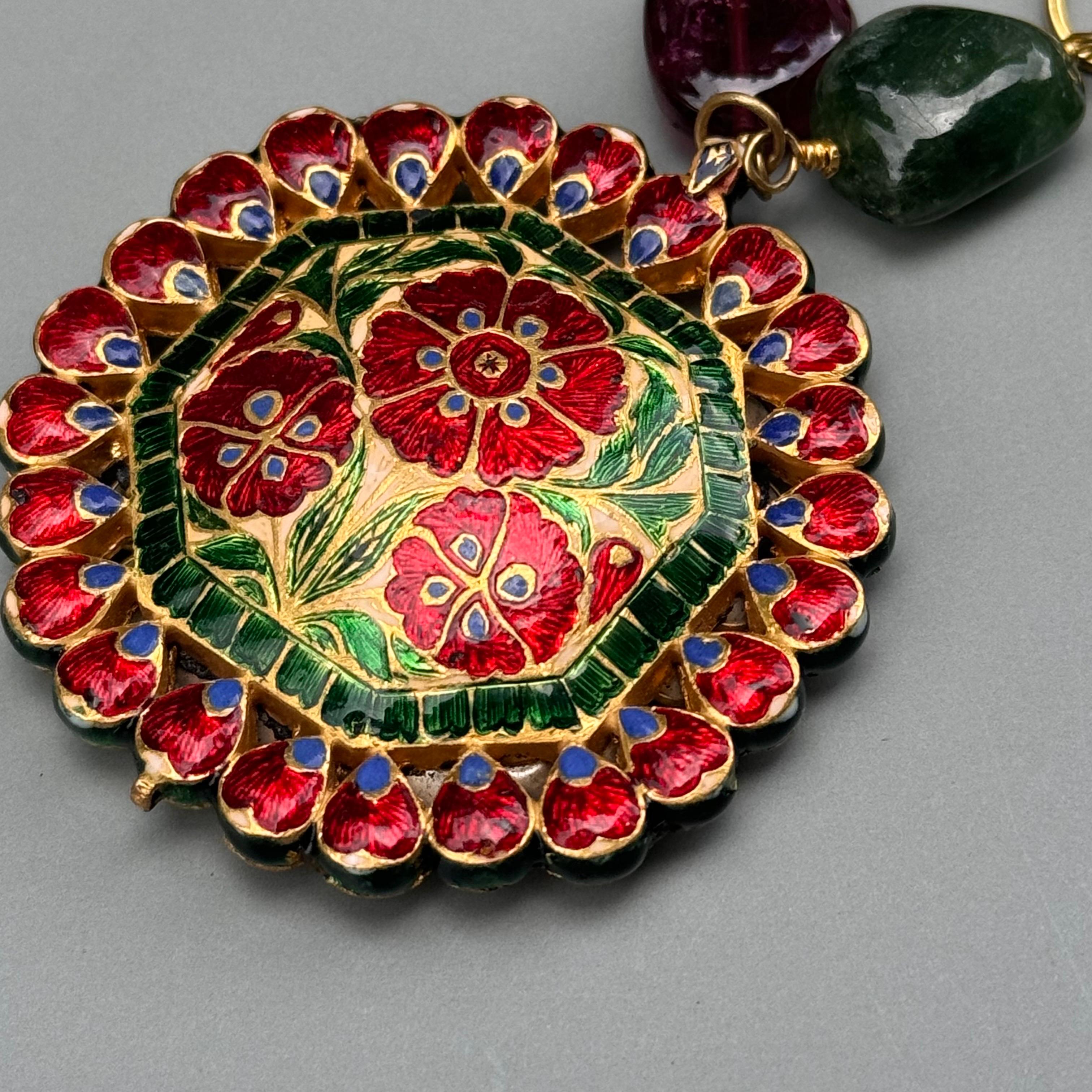 Fine Mughal Indian Gold Tourmaline Pearl Diamond Pendant Necklace For Sale 4