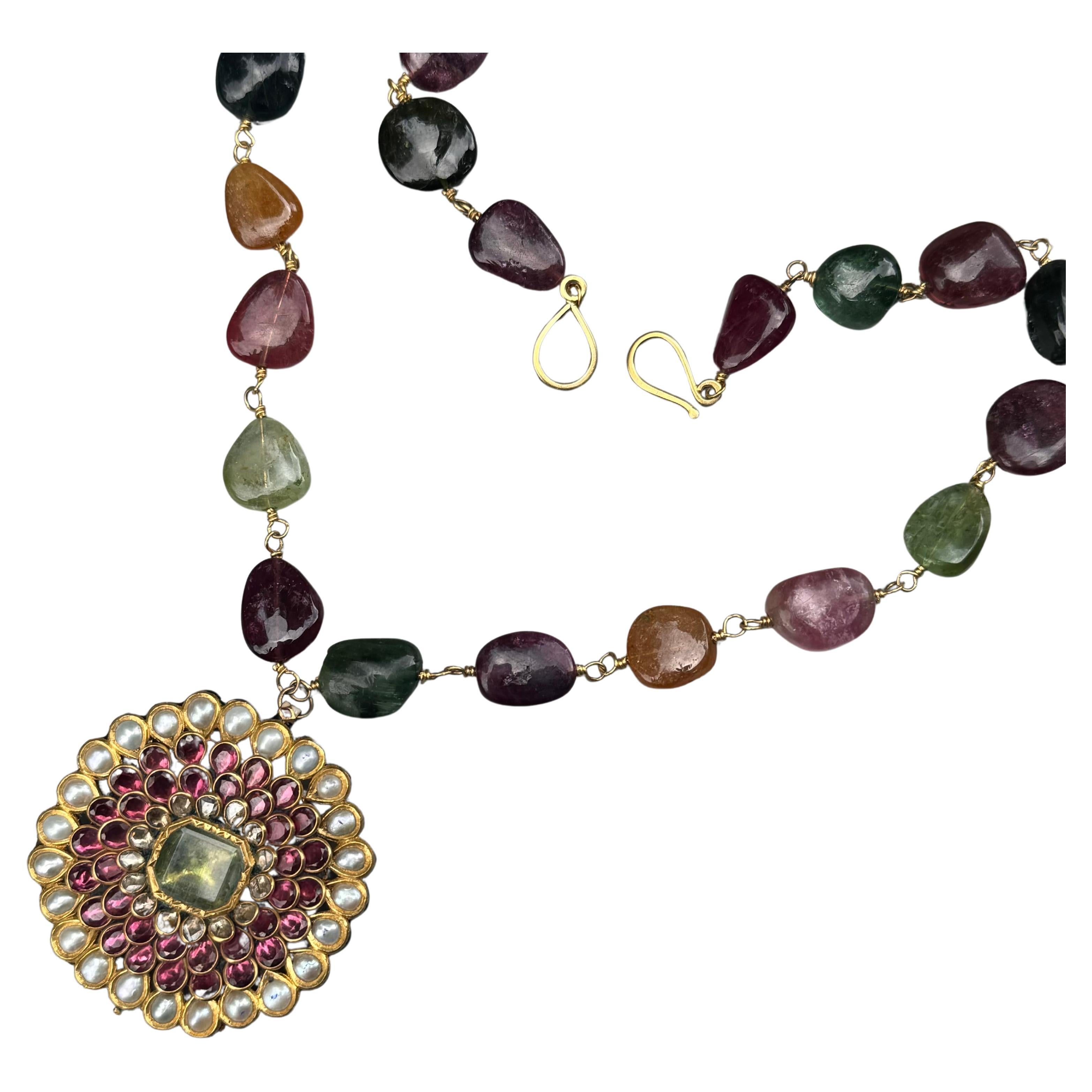 Fine Mughal Indian Gold Tourmaline Pearl Diamond Pendant Necklace For Sale