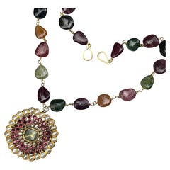 Collar Colgante de Oro Turmalina Perla Diamante Mughal de la India