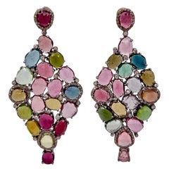 Fine Multi Colored 34+ Carats Tourmaline & Diamond Earrings