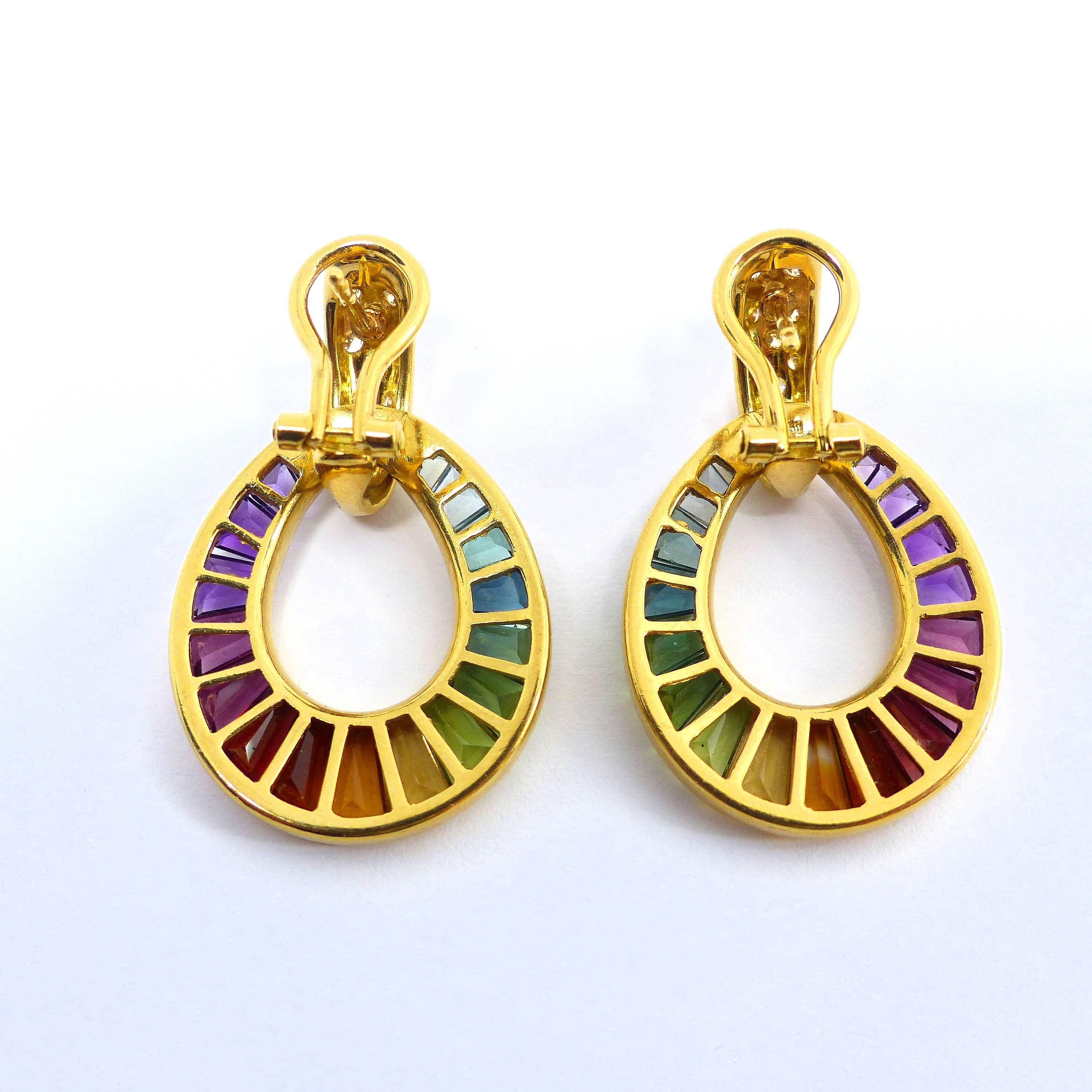 Women's Fine Multi-Coloroured Rainbow Gemstones  18K Yellow Gold Earrings