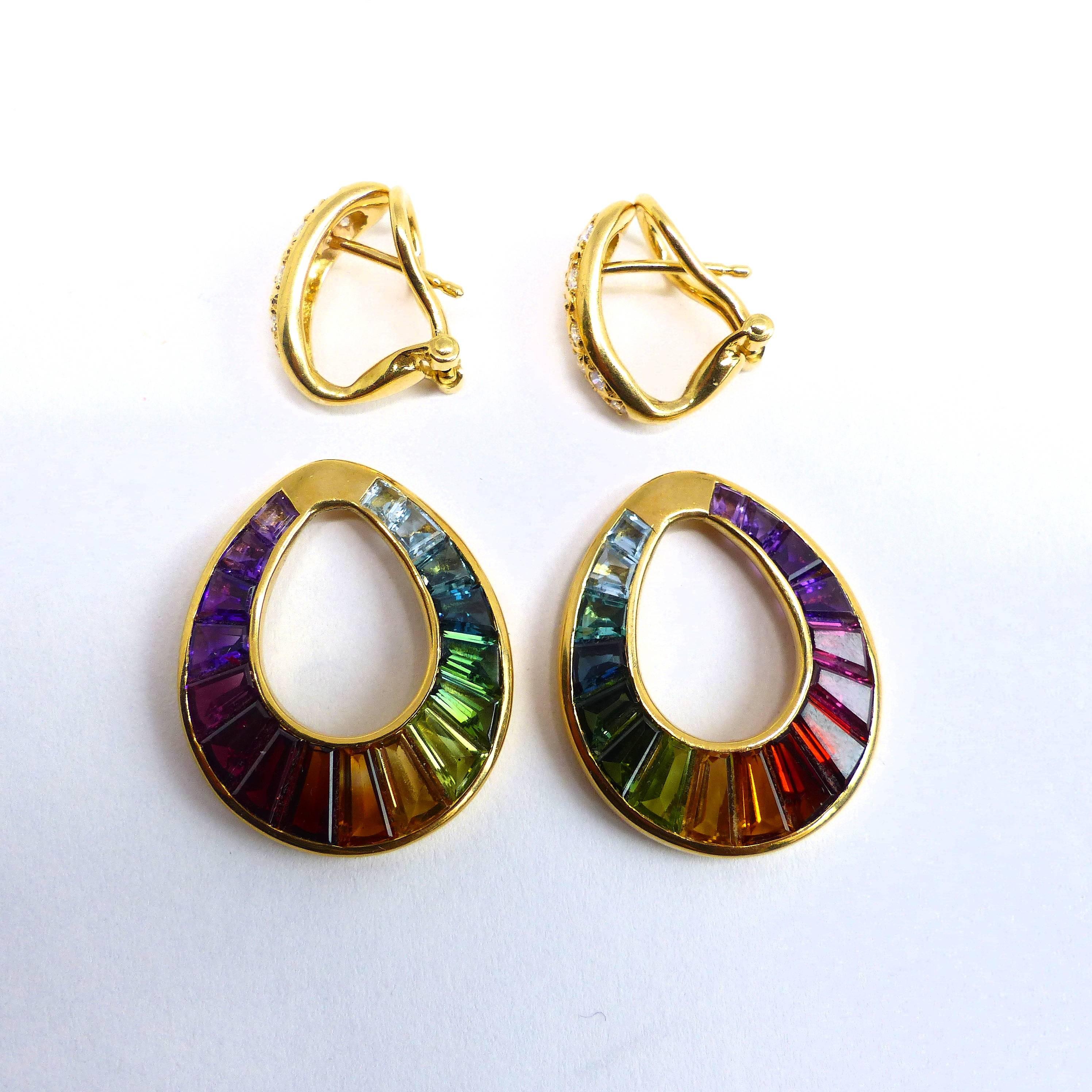 Contemporary Fine Multi-Coloroured Rainbow Gemstones  18K Yellow Gold Earrings