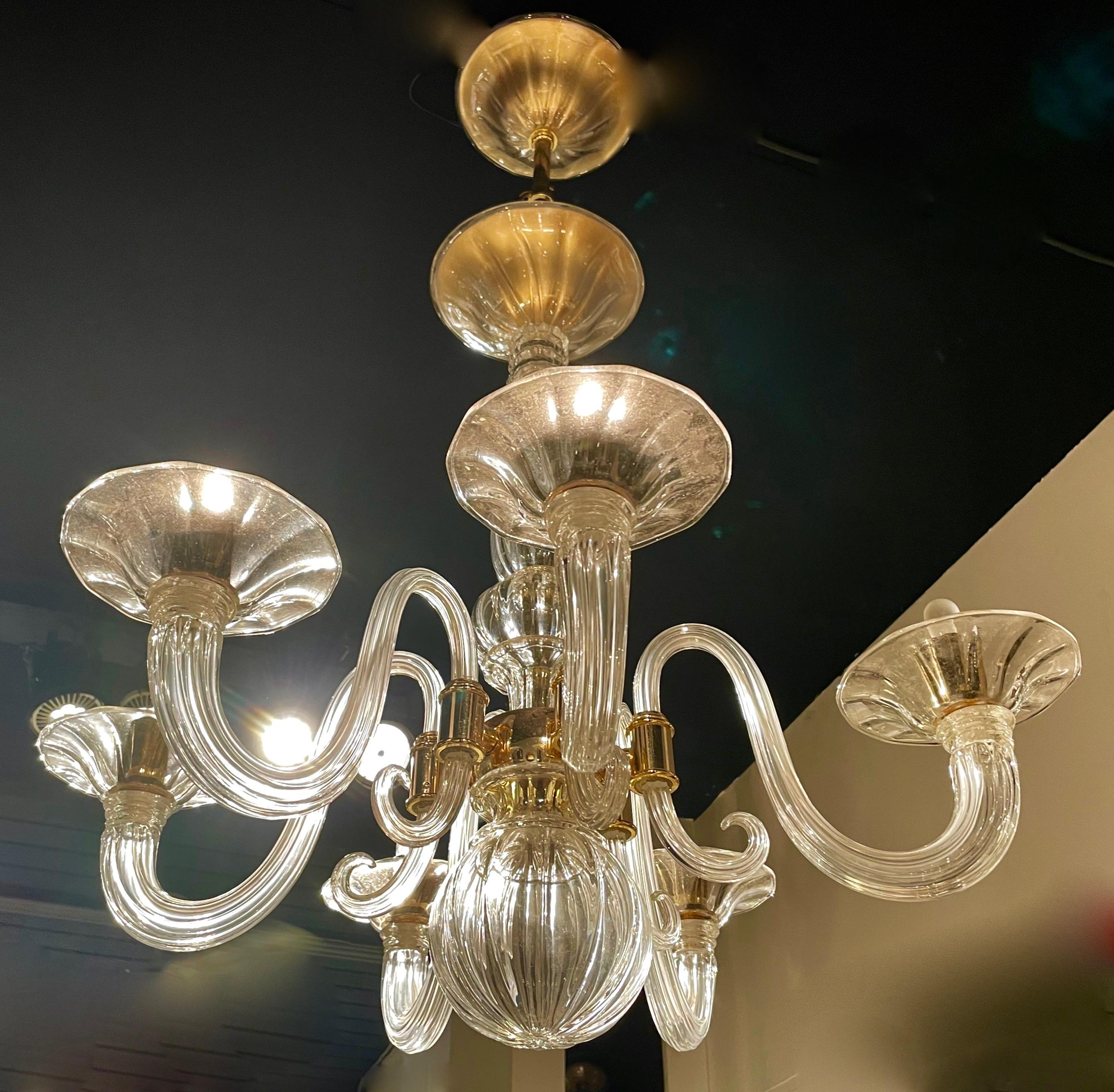 Brass Fine Murano Glass Chandelier Signed Barovier and Toso, Italy, 1980