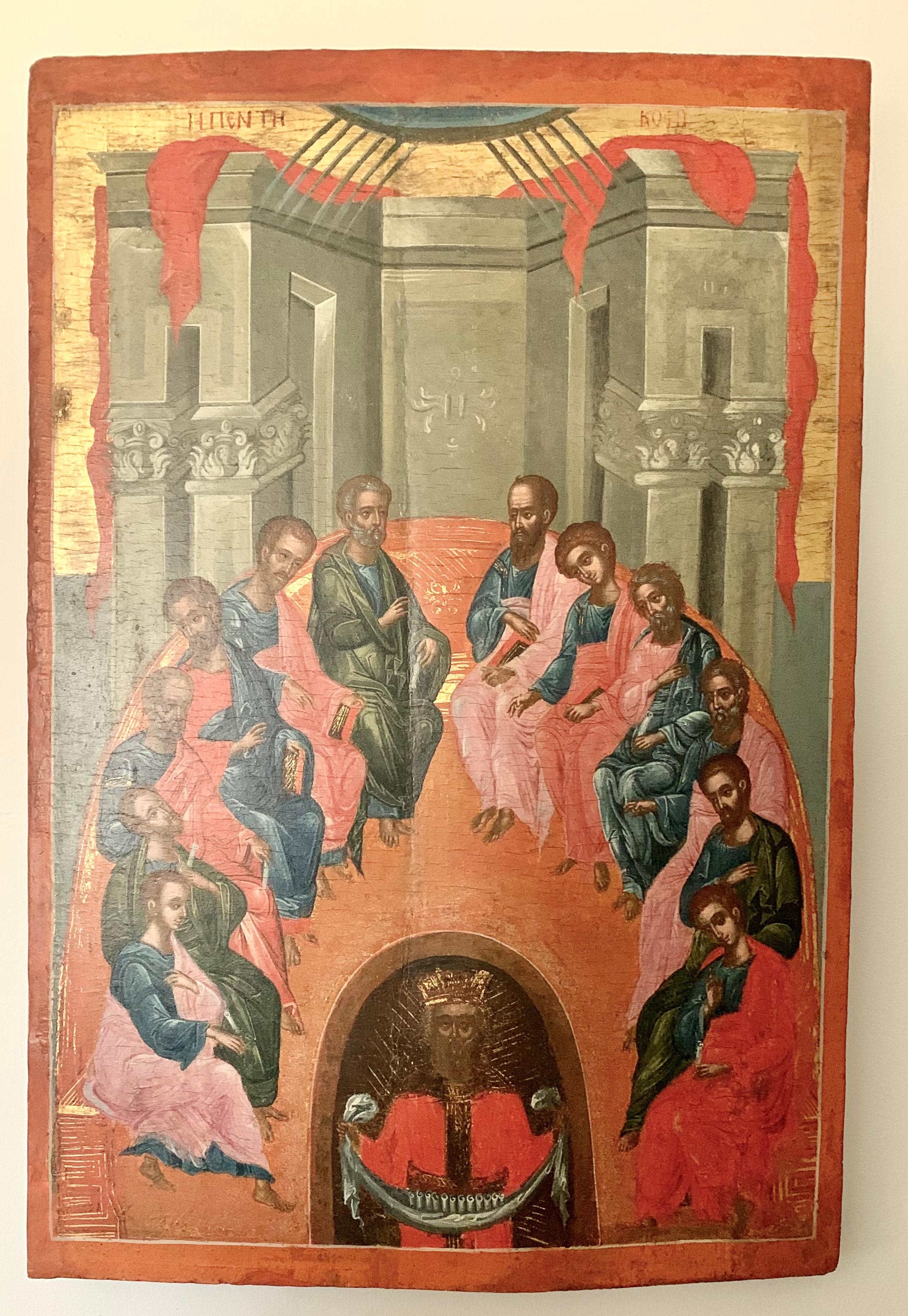 Fine Museum Quality Large Antique 18th Century Greek Orthodox Icon, Pentecost For Sale 3