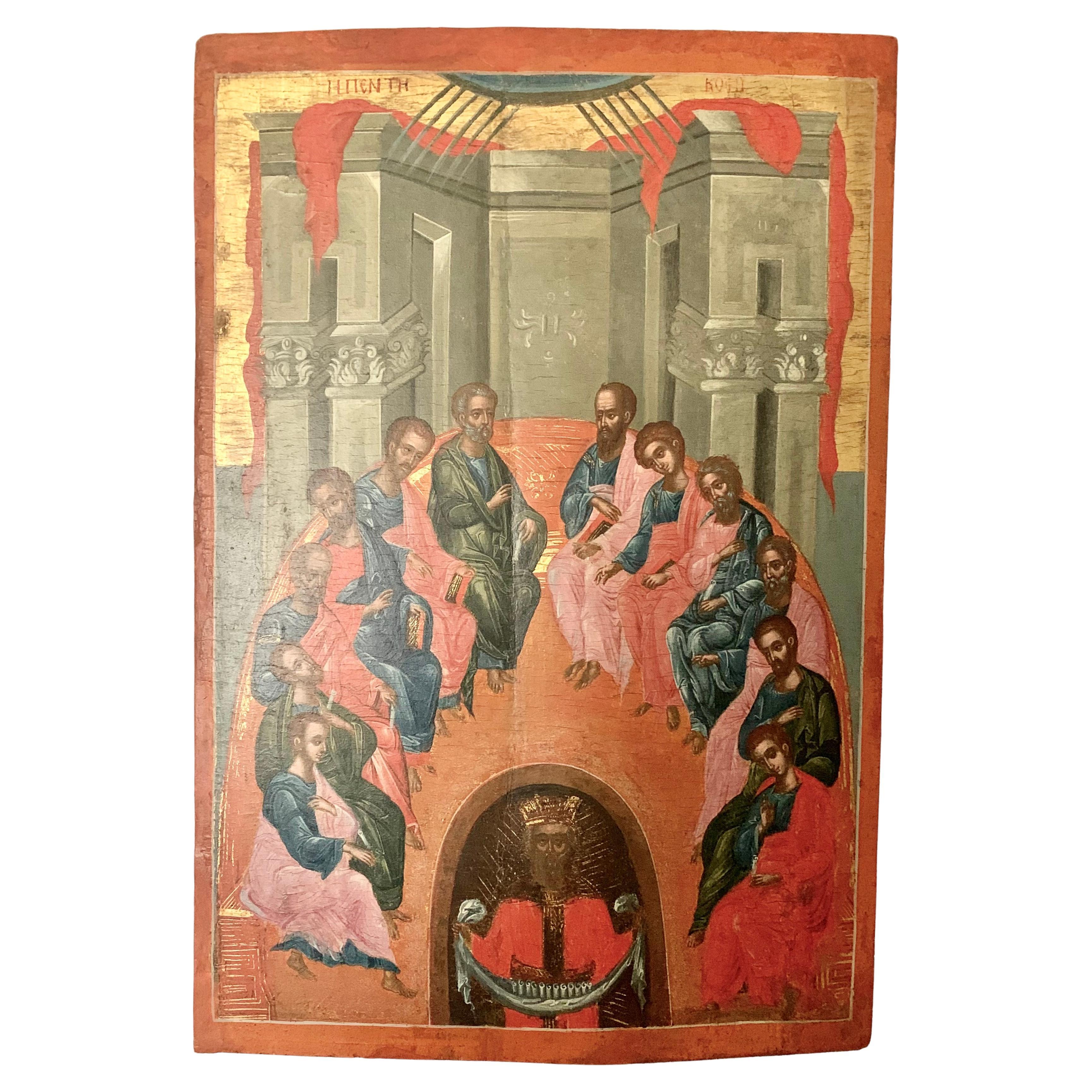 Fine Museum Quality Large Antique 18th Century Greek Orthodox Icon, Pentecost For Sale