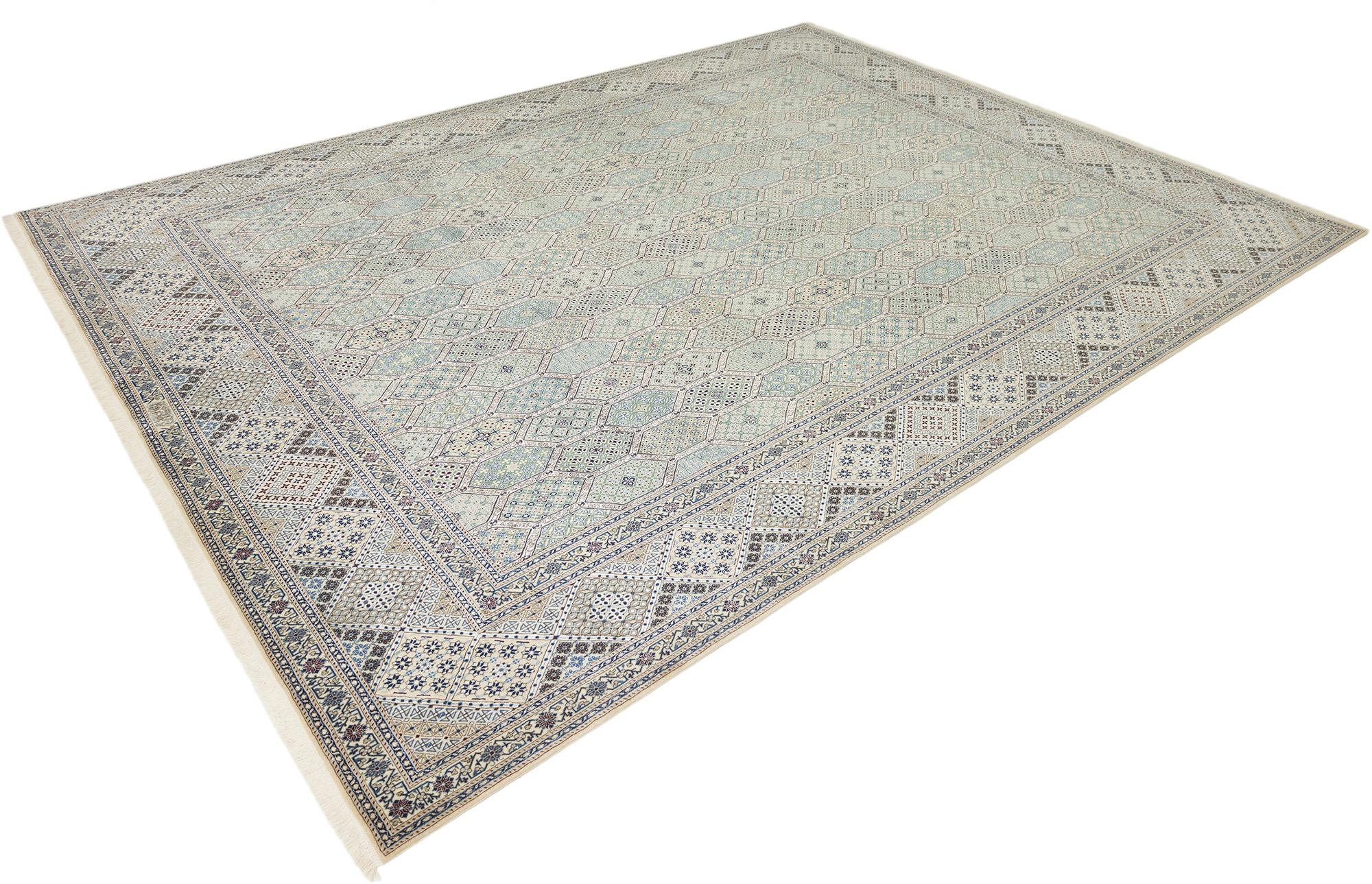 Feiner Nain Teppich, handgeknüpft, 13x10 ft - Weiches Blau/Grün und Elfenbein (Persisch) im Angebot