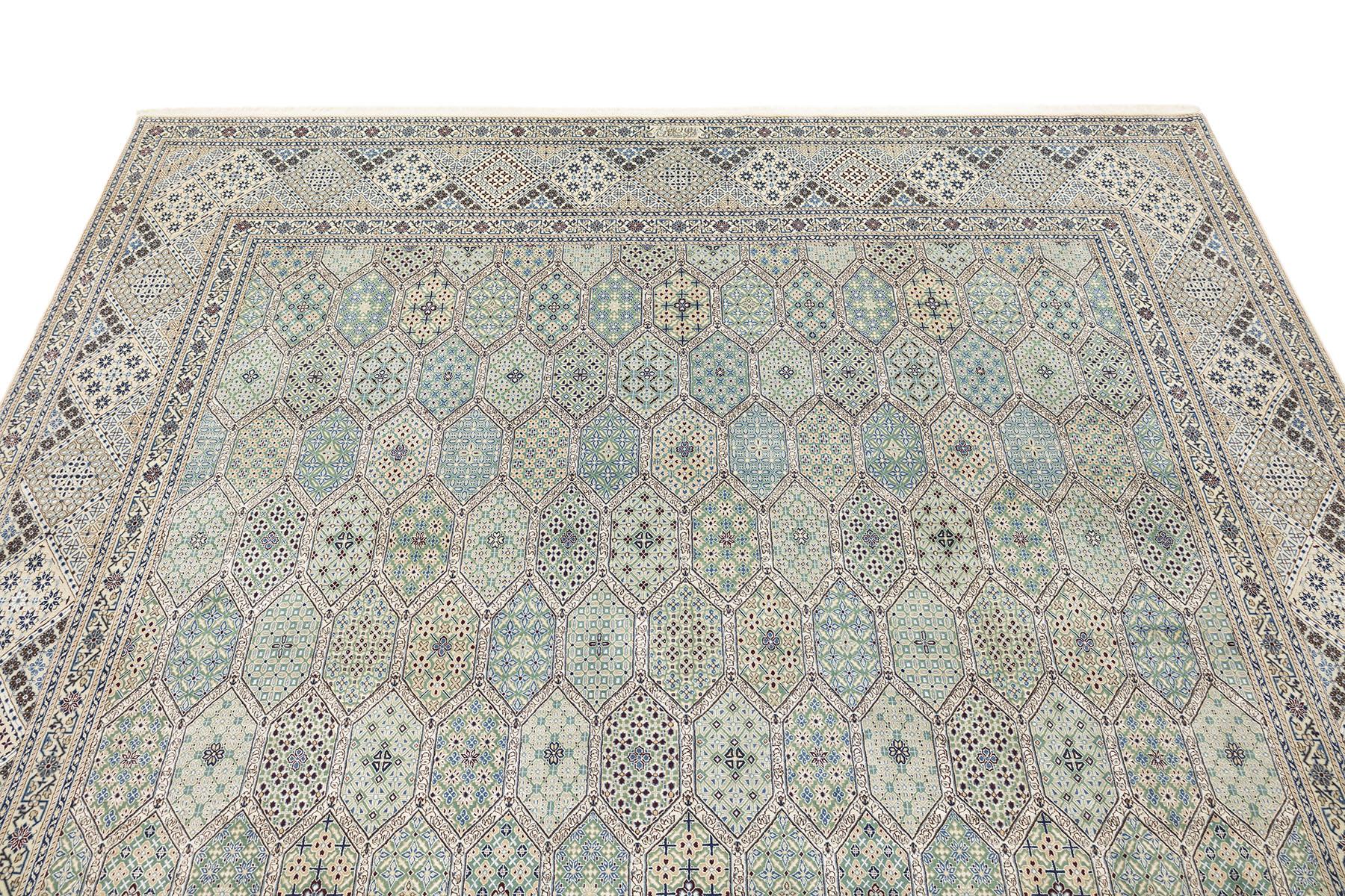 Feiner Nain Teppich, handgeknüpft, 13x10 ft - Weiches Blau/Grün und Elfenbein (Handgeknüpft) im Angebot