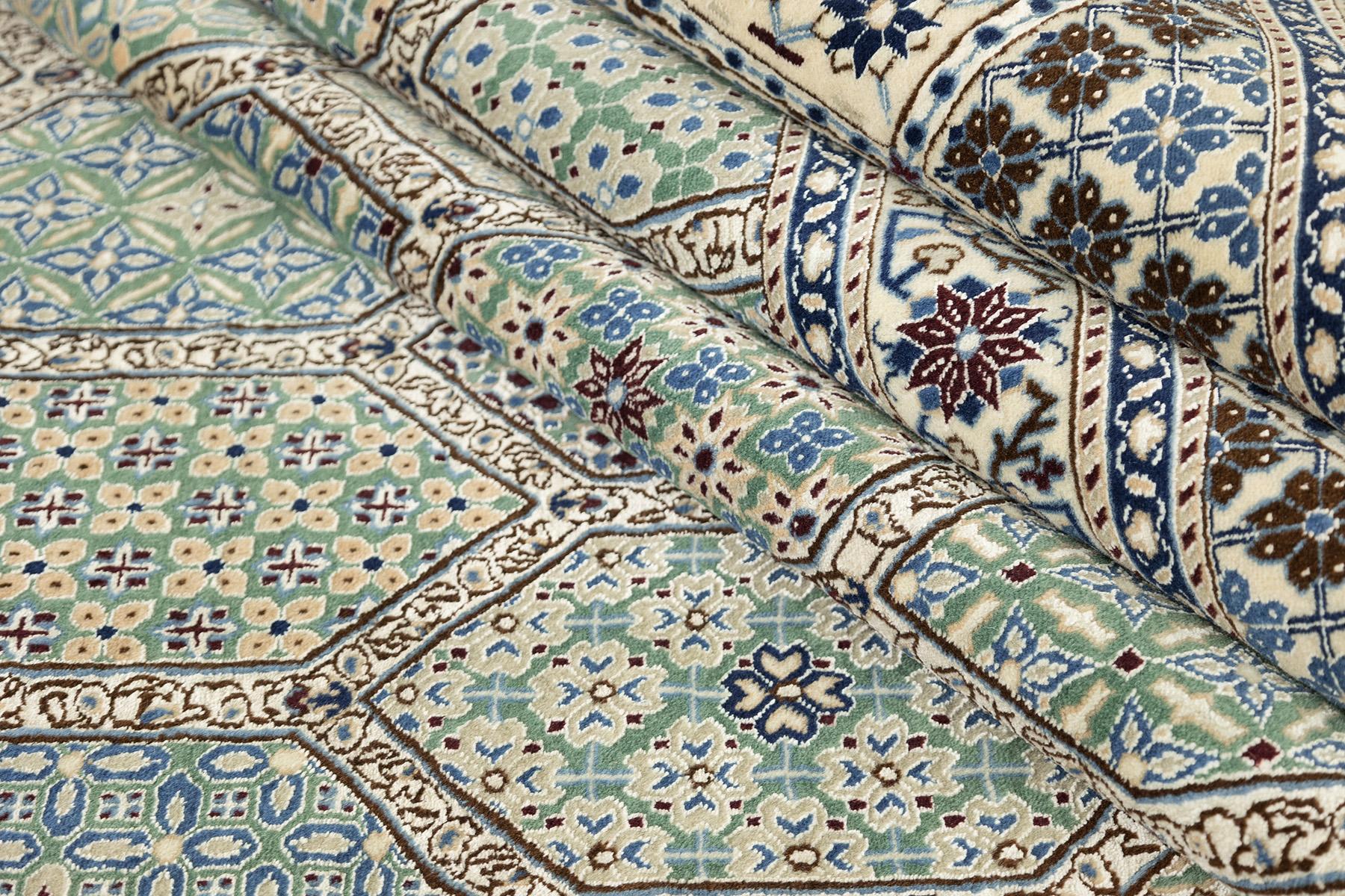 Feiner Nain Teppich, handgeknüpft, 13x10 ft - Weiches Blau/Grün und Elfenbein im Angebot 1
