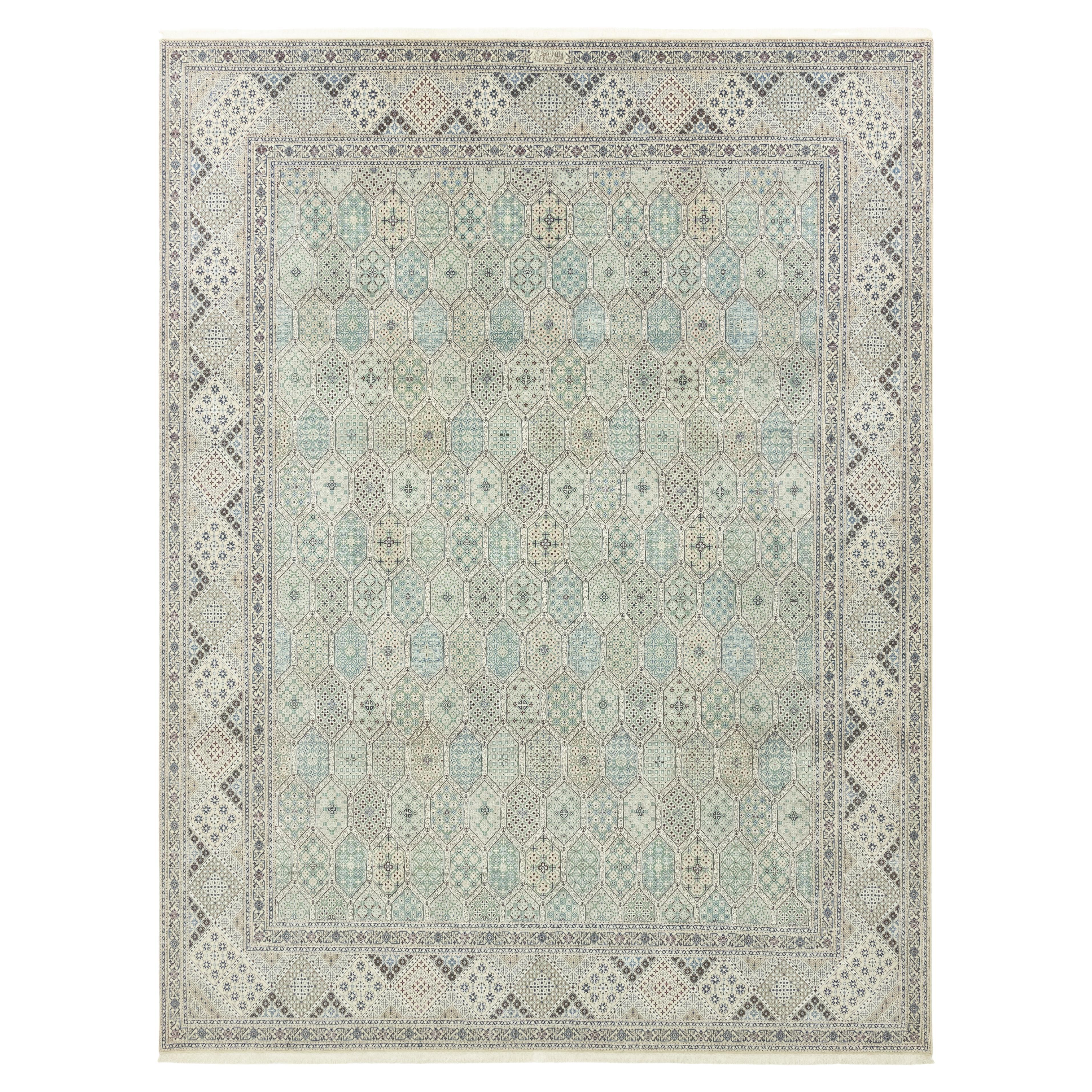 Feiner Nain Teppich, handgeknüpft, 13x10 ft - Weiches Blau/Grün und Elfenbein im Angebot
