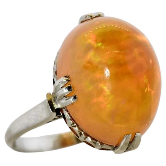 Cabochon Fine Natural 16.4 ct. Fire Opal and Platinum Antique Ring, c. 1915. For Sale