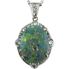 Fine Natural 5.45ct Australian Black Opal And Diamond Platinum Pendant Necklace