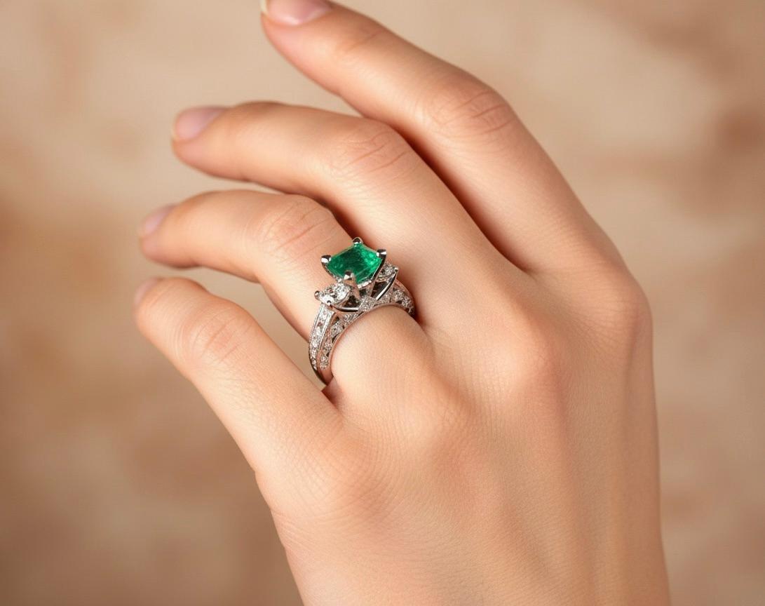 Bague de fiançailles avec diamant en forme d'émeraude naturelle de Colombie
Centrée sur une superbe émeraude naturelle de Colombie de 1::10 carat de couleur vert moyen vif:: avec une brillance et une saturation excellentes. 
Diamants naturels