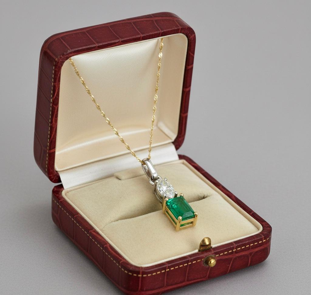 Feine natürliche kolumbianische Smaragd-Diamant- Solitär-Anhänger-Halskette 18 Karat (Zeitgenössisch) im Angebot