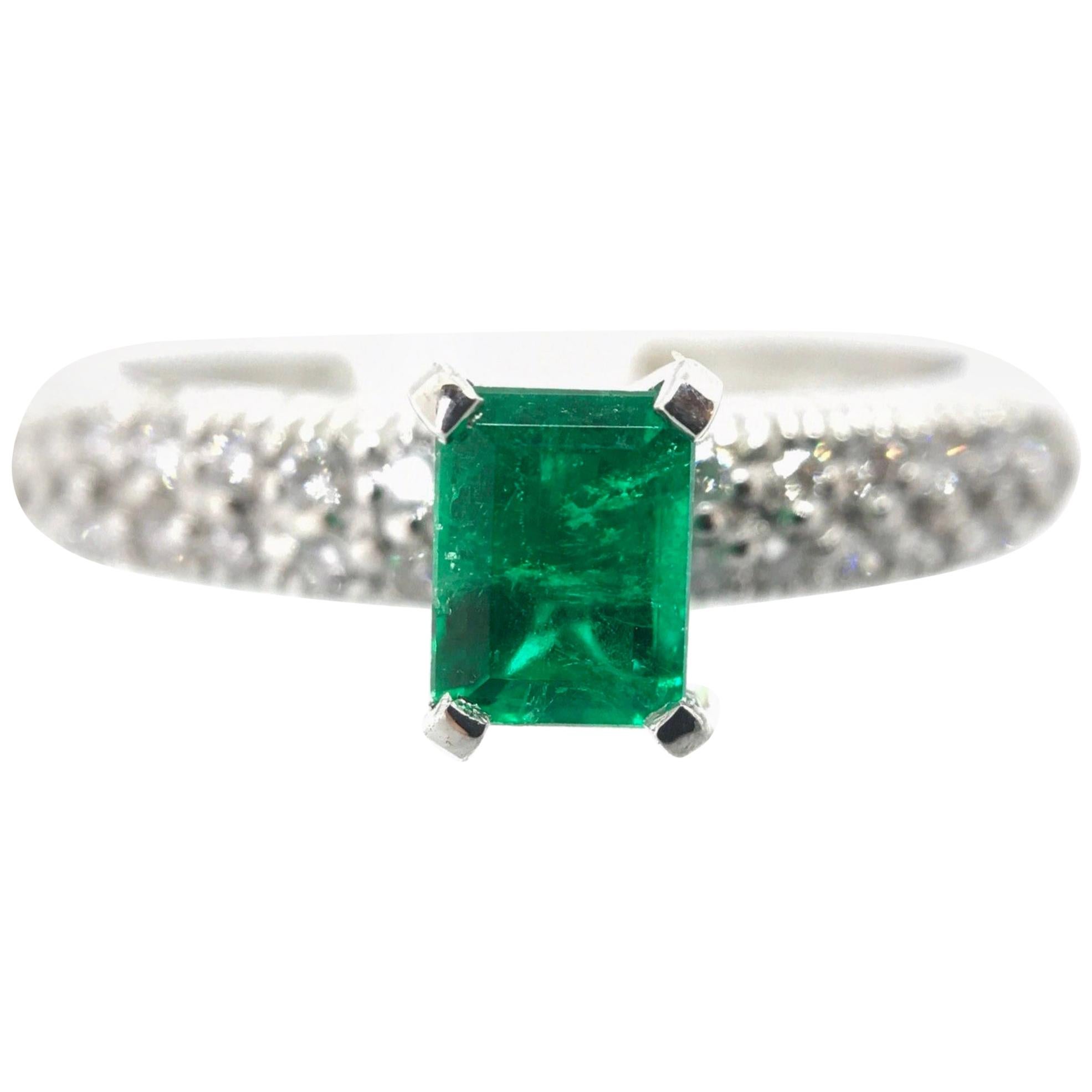 Fine Natural Colombian Emerald Pave Diamond Engagement Ring For Sale