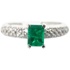 Used Fine Natural Colombian Emerald Pave Diamond Engagement Ring