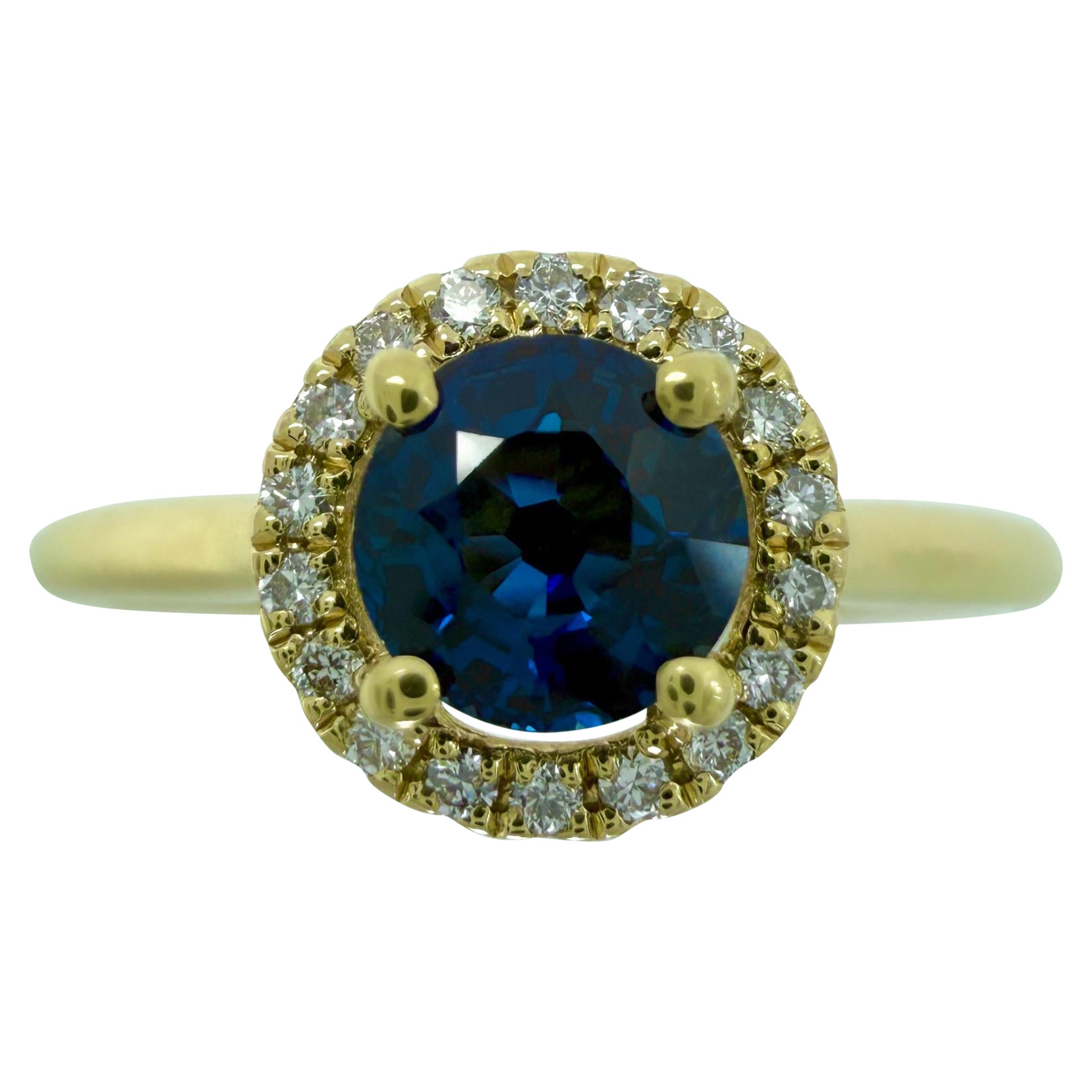 Bague Halo en or jaune 18k, saphir bleu royal naturel taille ronde et diamant