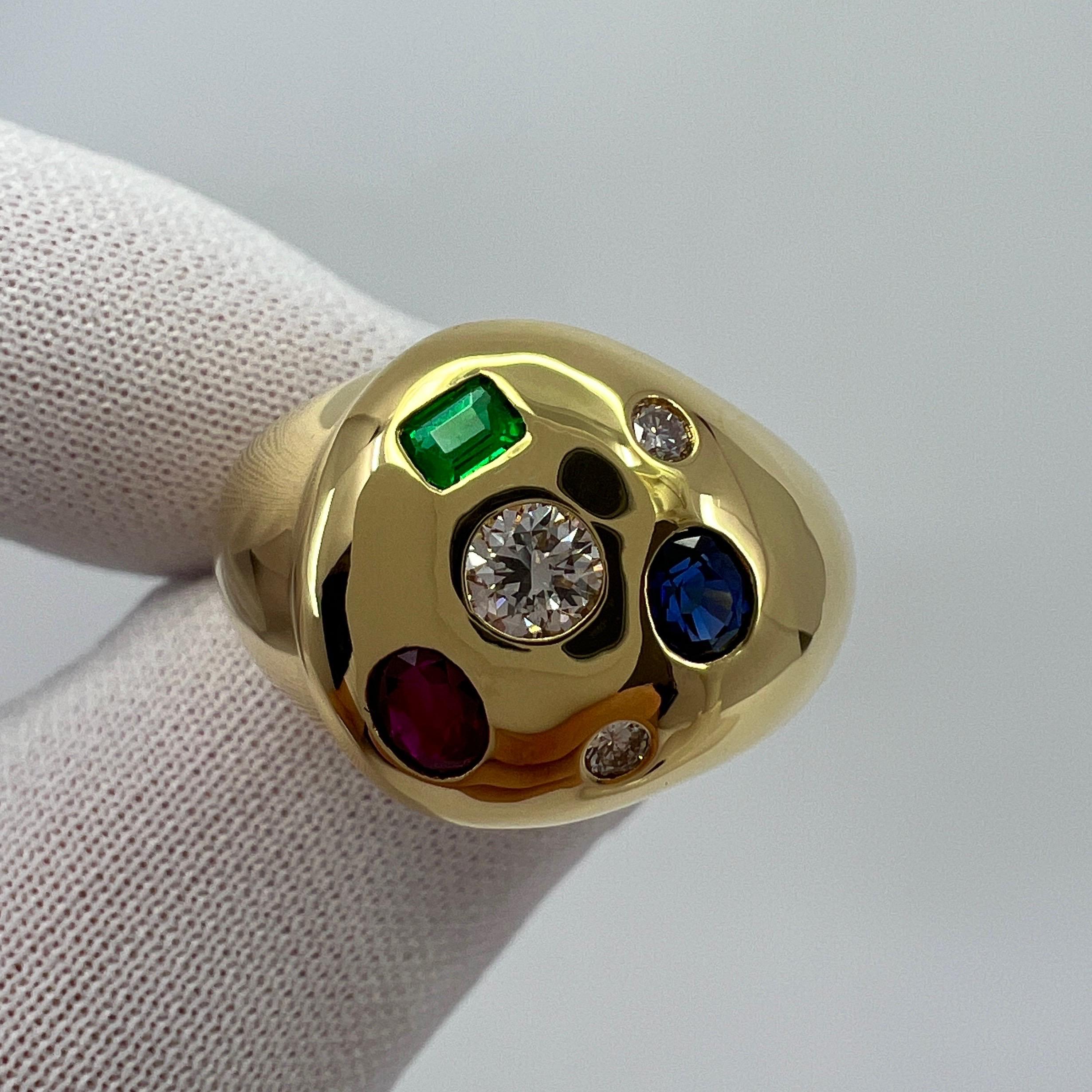 Fine Natural Ruby Sapphire Emerald And Diamond 18k Yellow Gold Dome Signet Ring 6