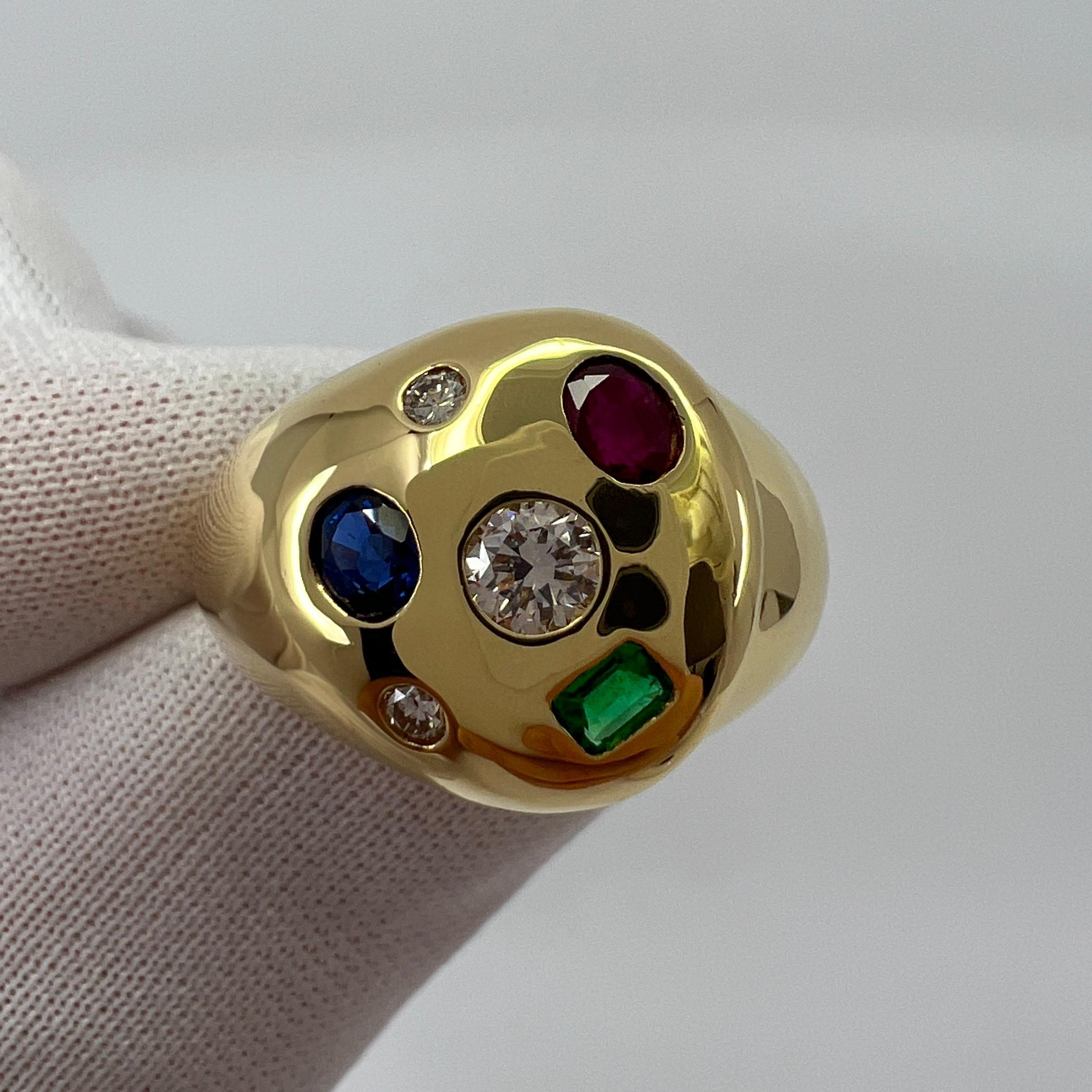 Fine Natural Ruby Sapphire Emerald And Diamond 18k Yellow Gold Dome Signet Ring 7