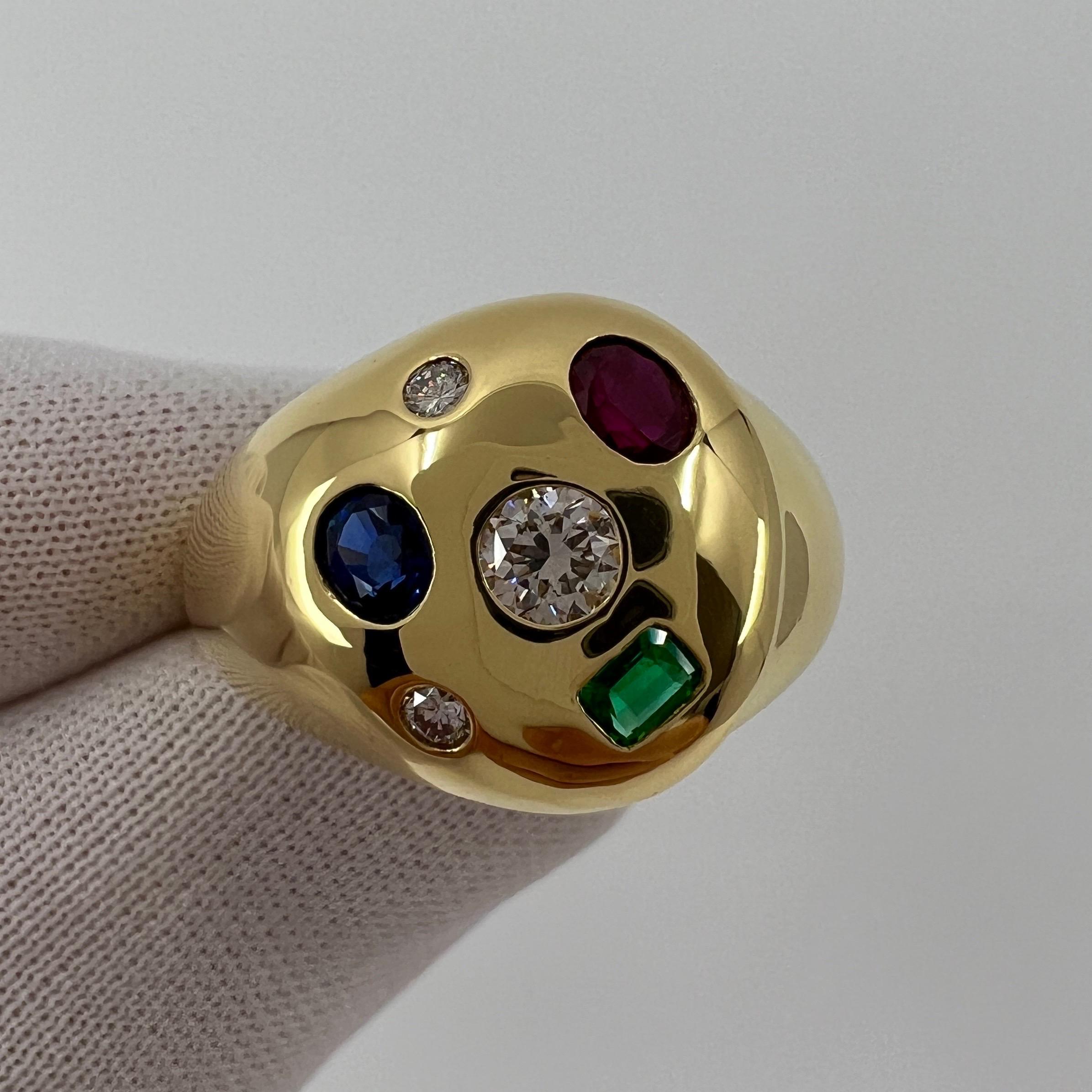 Natural Ruby ,Sapphire, Emerald And Diamond 18k Yellow Gold Tutti Frutti Dome Signet Ring.

A beautifully made ring set with an array of different cut natural gemstones exquisitely flush set into the domed top.

This piece features a 0.22ct oval cut