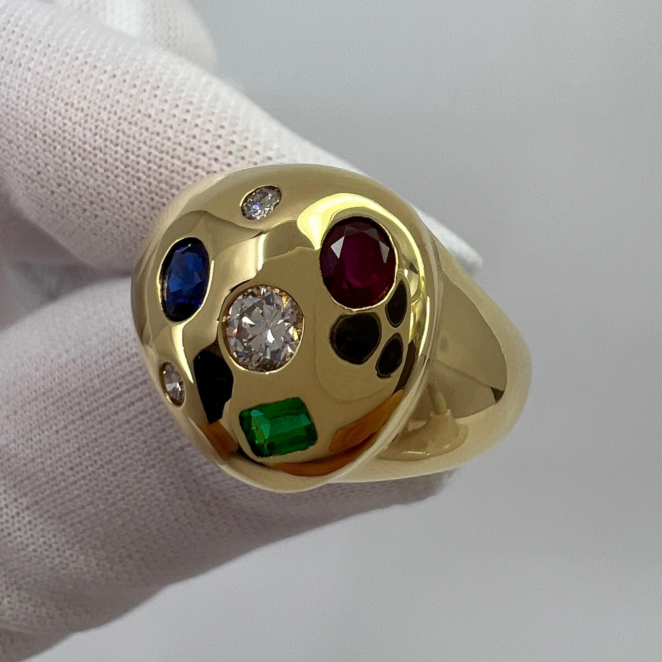 Round Cut Fine Natural Ruby Sapphire Emerald And Diamond 18k Yellow Gold Dome Signet Ring
