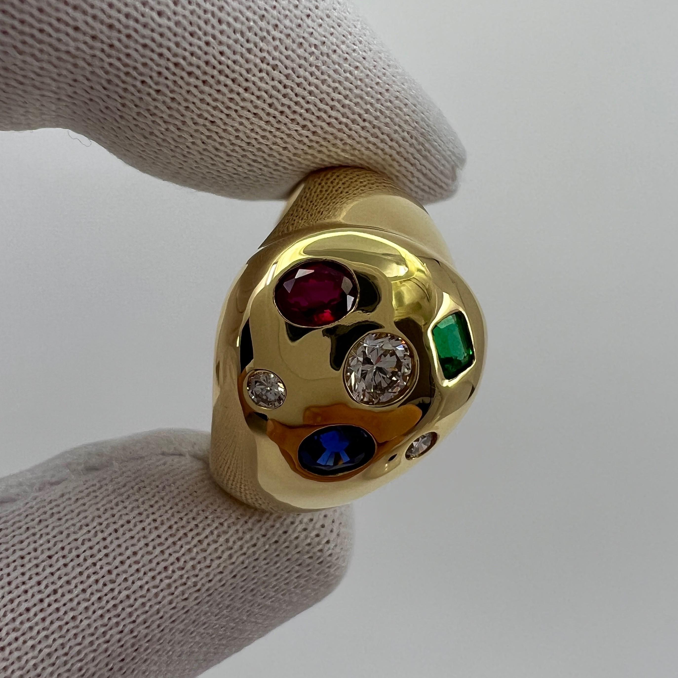 Fine Natural Ruby Sapphire Emerald And Diamond 18k Yellow Gold Dome Signet Ring In Excellent Condition In Birmingham, GB