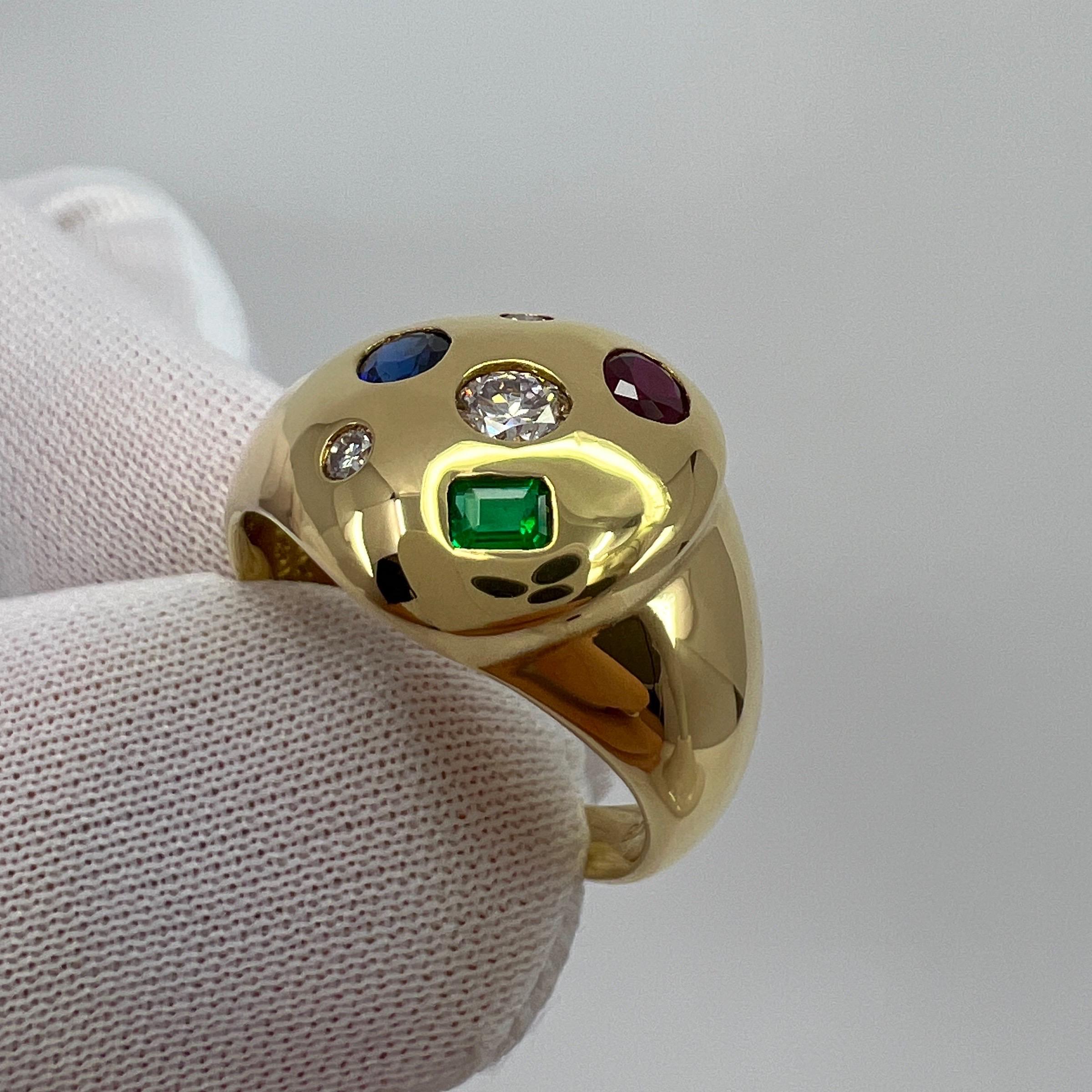 Women's or Men's Fine Natural Ruby Sapphire Emerald And Diamond 18k Yellow Gold Dome Signet Ring