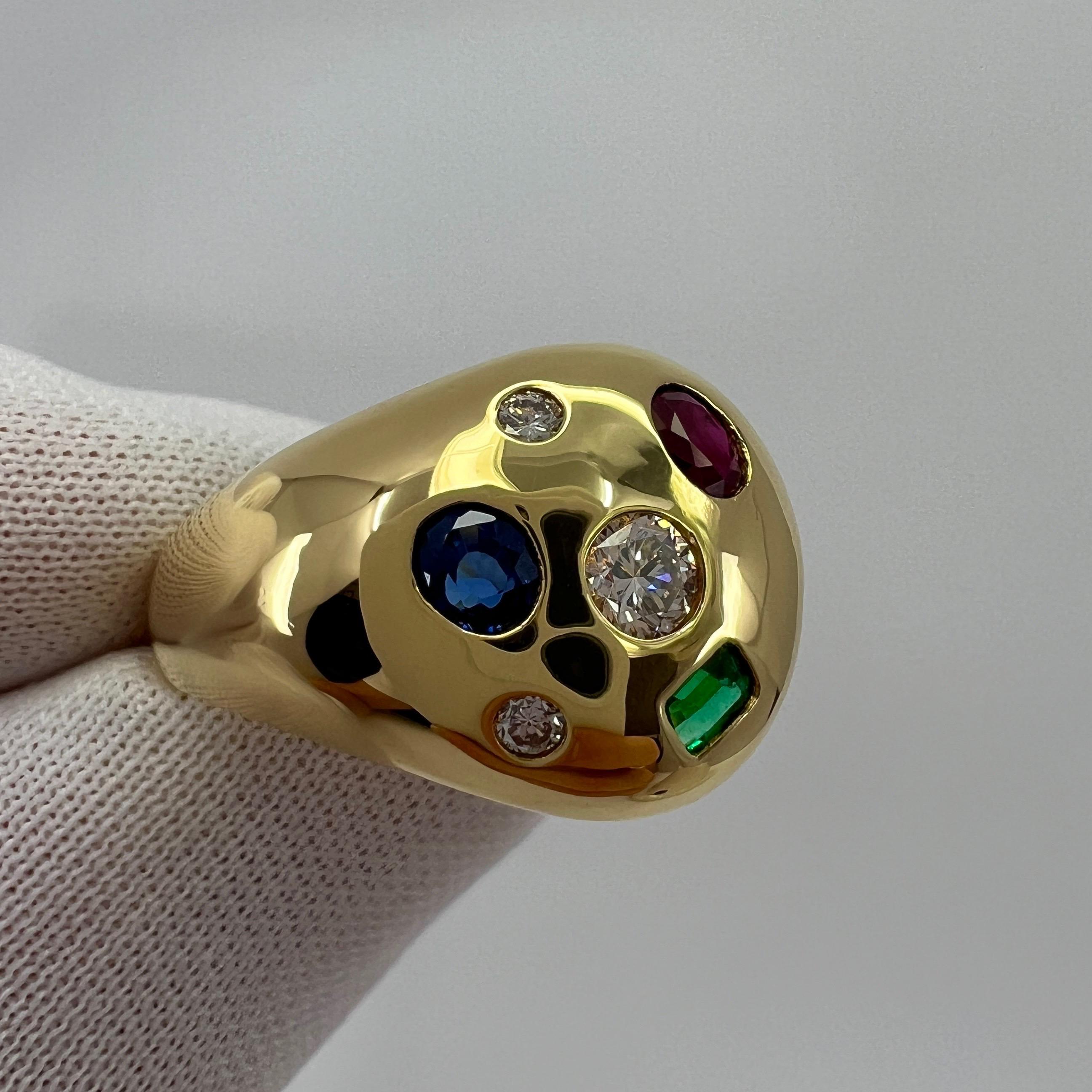 Fine Natural Ruby Sapphire Emerald And Diamond 18k Yellow Gold Dome Signet Ring 1