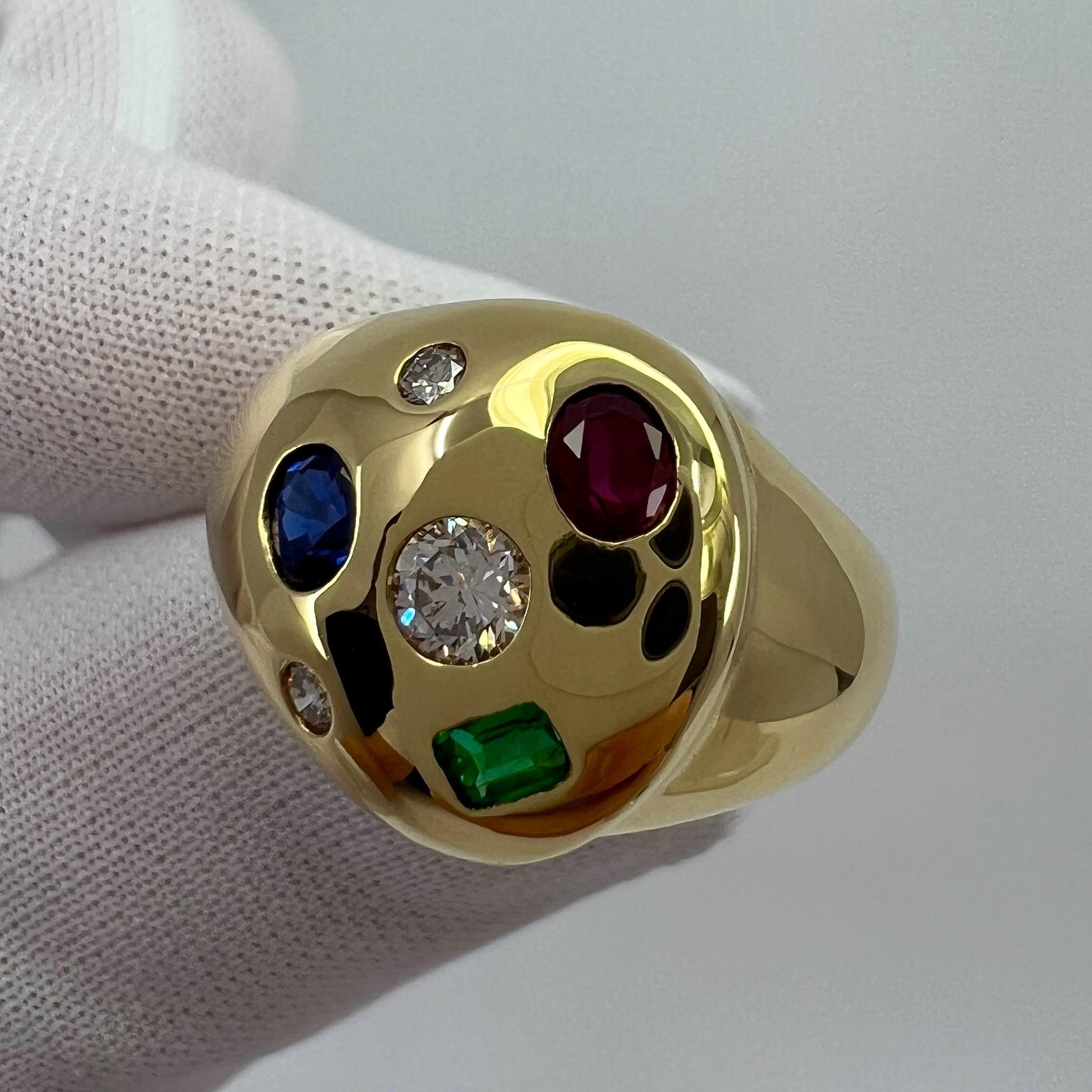 Fine Natural Ruby Sapphire Emerald And Diamond 18k Yellow Gold Dome Signet Ring 3