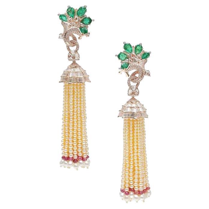 Fine Natural Saltwater Pearls Tassel Earrings Mounted with Emerald & Diamonds