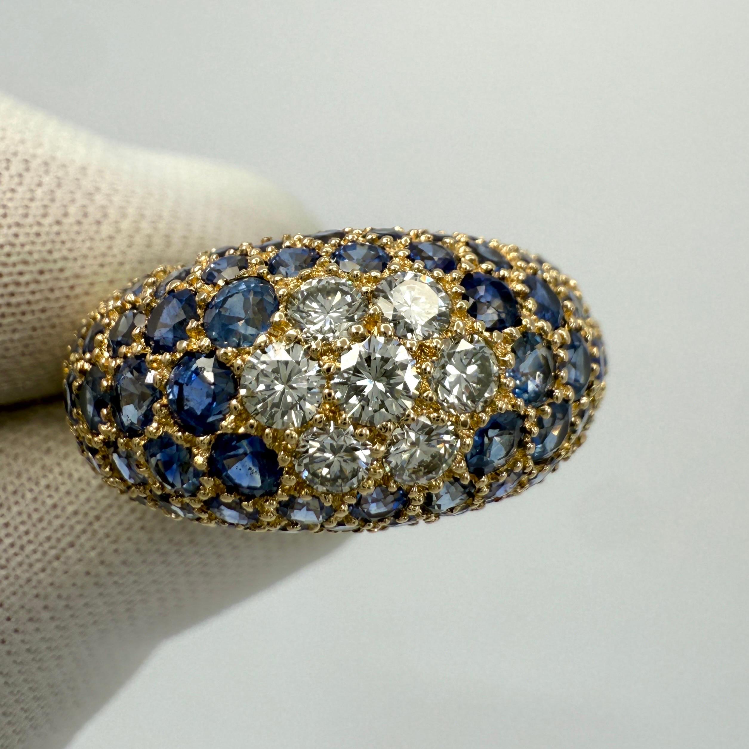 Raffinato anello a cupola in oro giallo 18 carati con zaffiro naturale e pavé di diamanti a taglio rotondo in vendita 5