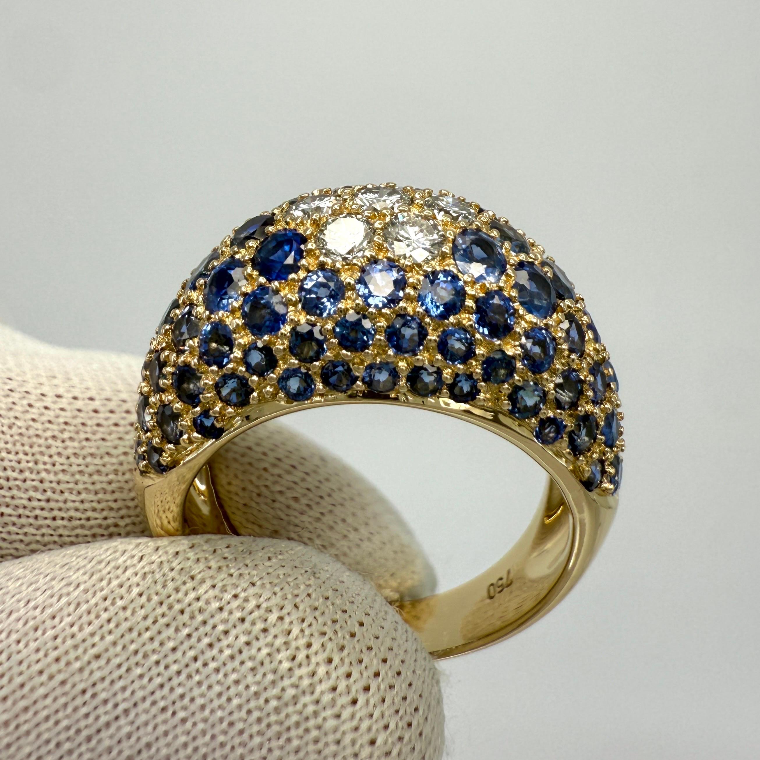 Raffinato anello a cupola in oro giallo 18 carati con zaffiro naturale e pavé di diamanti a taglio rotondo in vendita 2