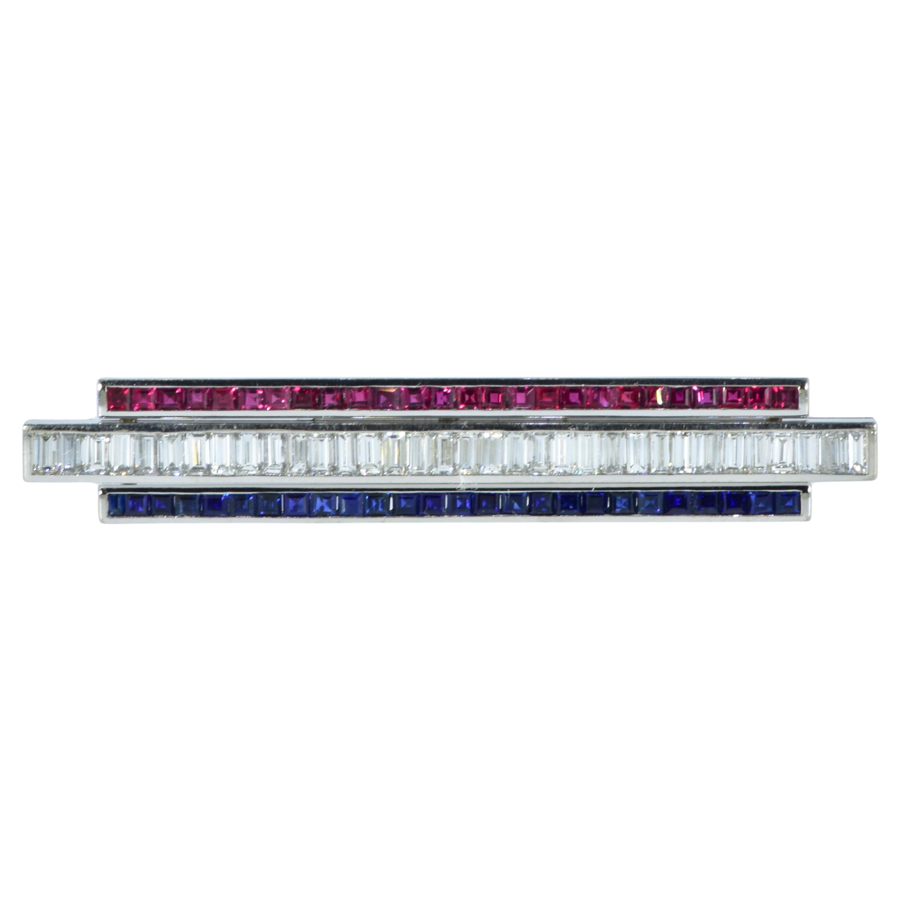 Fine Natural Sapphire, Ruby and White Diamond Fancy cut 18K White Gold Brooch.