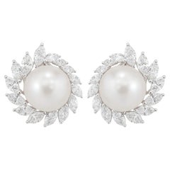 Fine Natural South Sea Pearl & Diamond Halo Stud Earrings  Crafted in 18K white