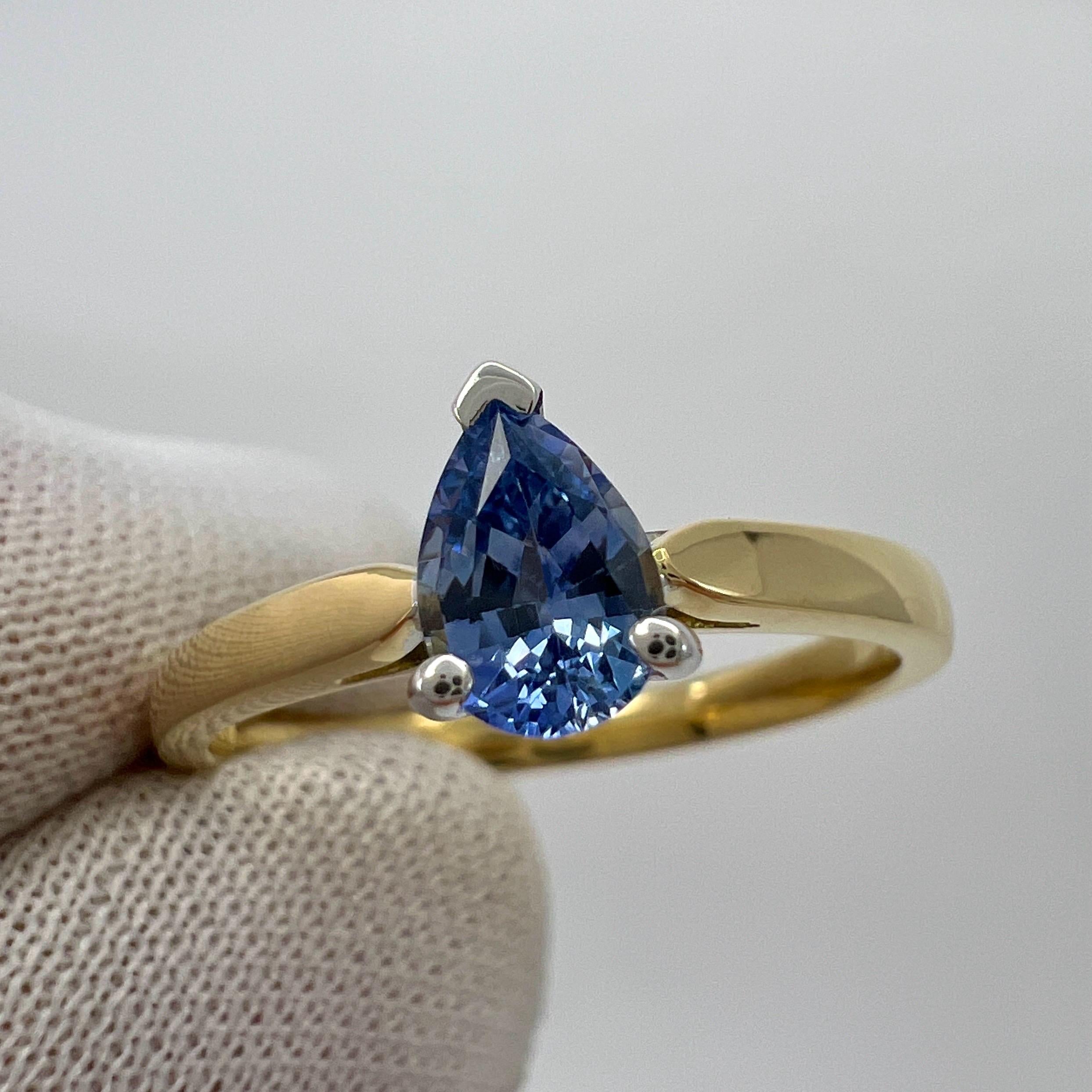 Fine Natural Vivid Blue Ceylon Sapphire Pear Teardrop 18k Gold Solitaire Ring For Sale 5