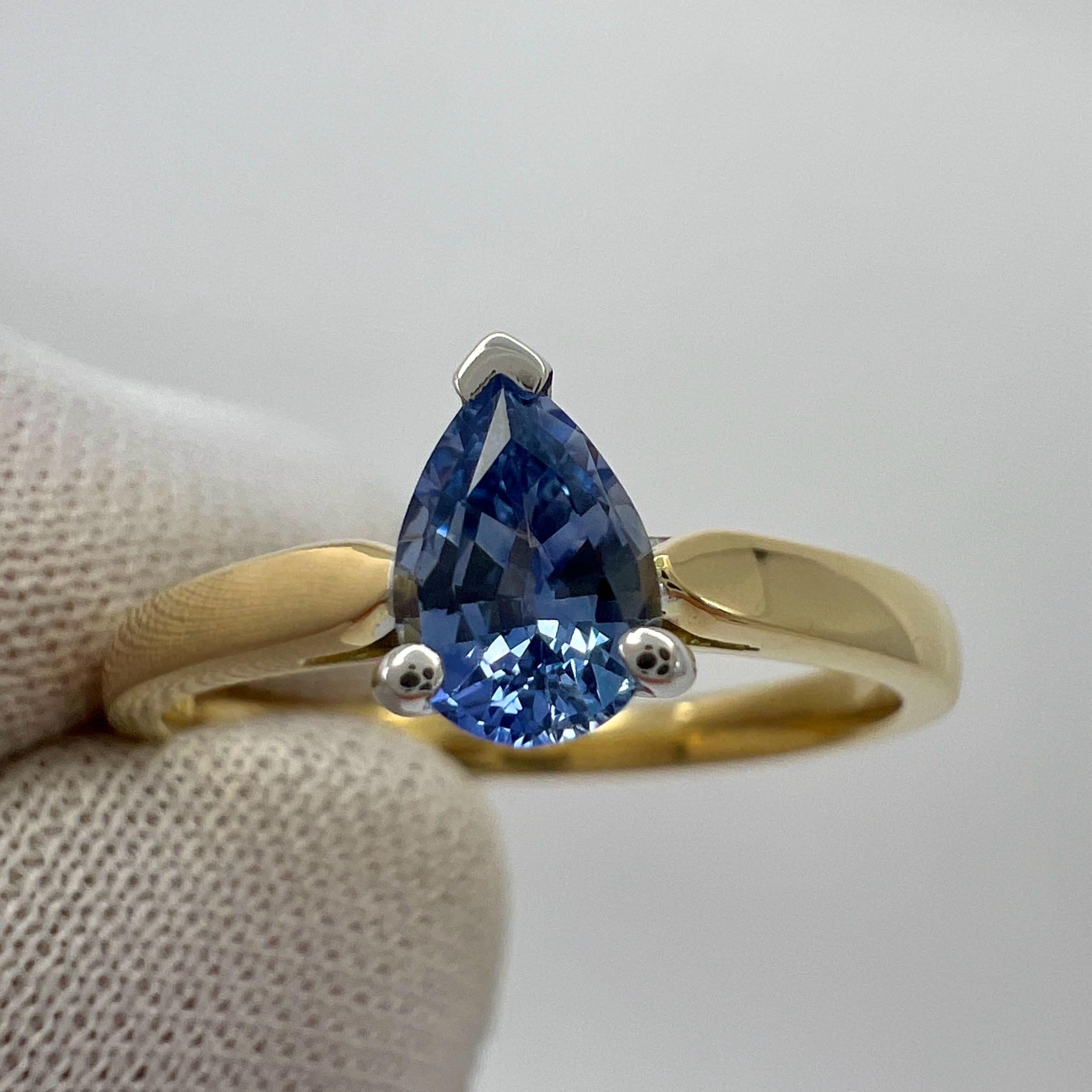 Pear Cut Fine Natural Vivid Blue Ceylon Sapphire Pear Teardrop 18k Gold Solitaire Ring For Sale