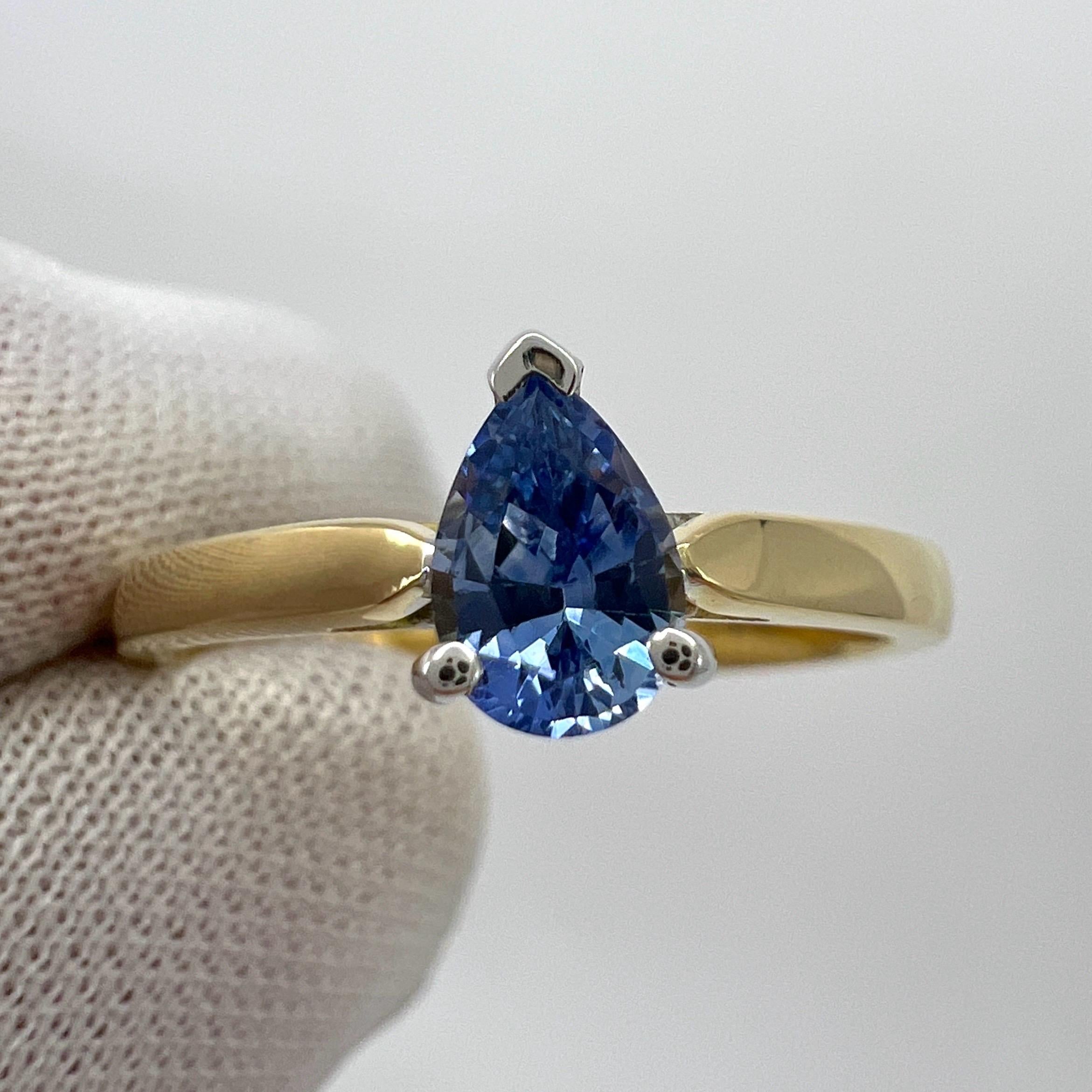 Women's or Men's Fine Natural Vivid Blue Ceylon Sapphire Pear Teardrop 18k Gold Solitaire Ring For Sale