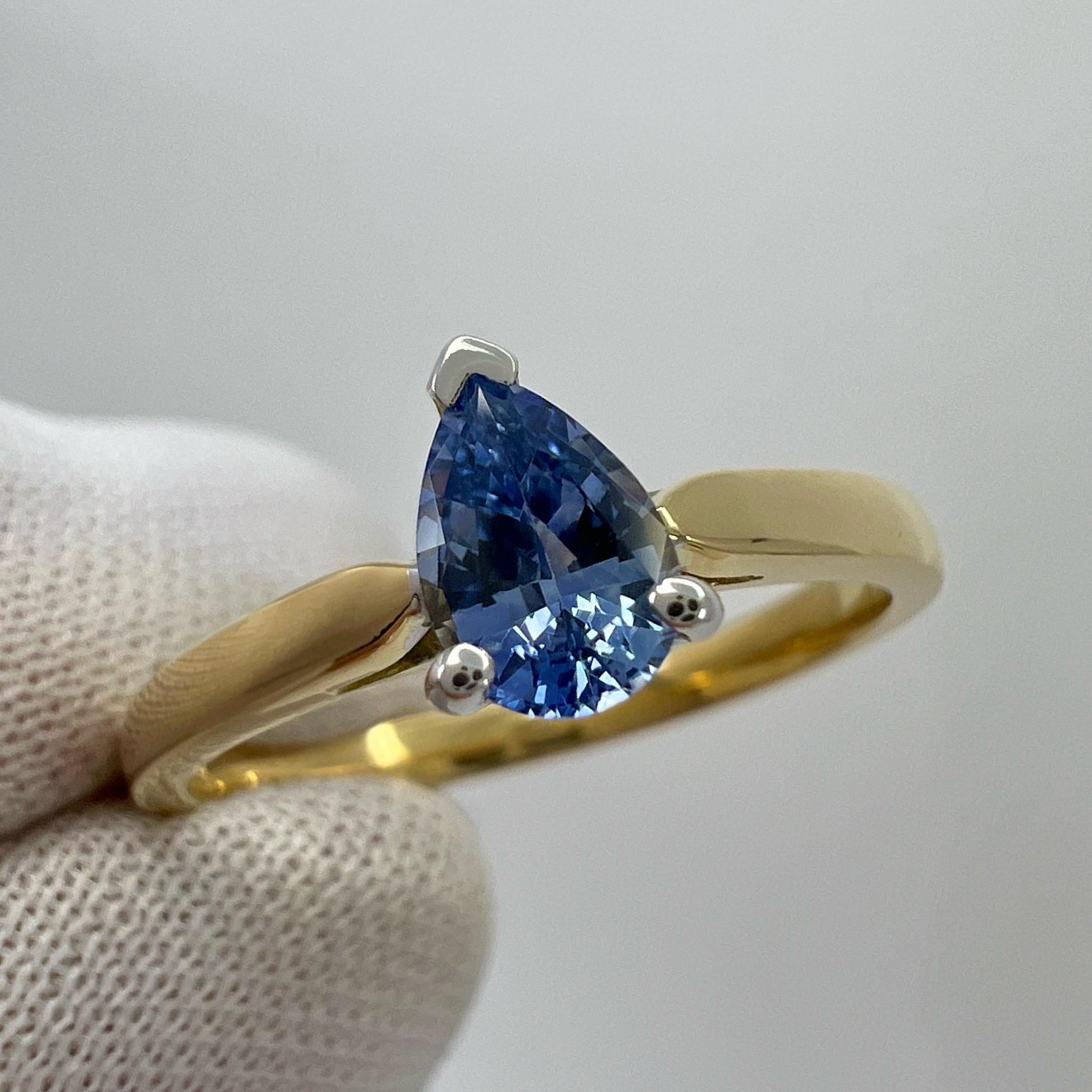 Fine Natural Vivid Blue Ceylon Sapphire Pear Teardrop 18k Gold Solitaire Ring For Sale 1