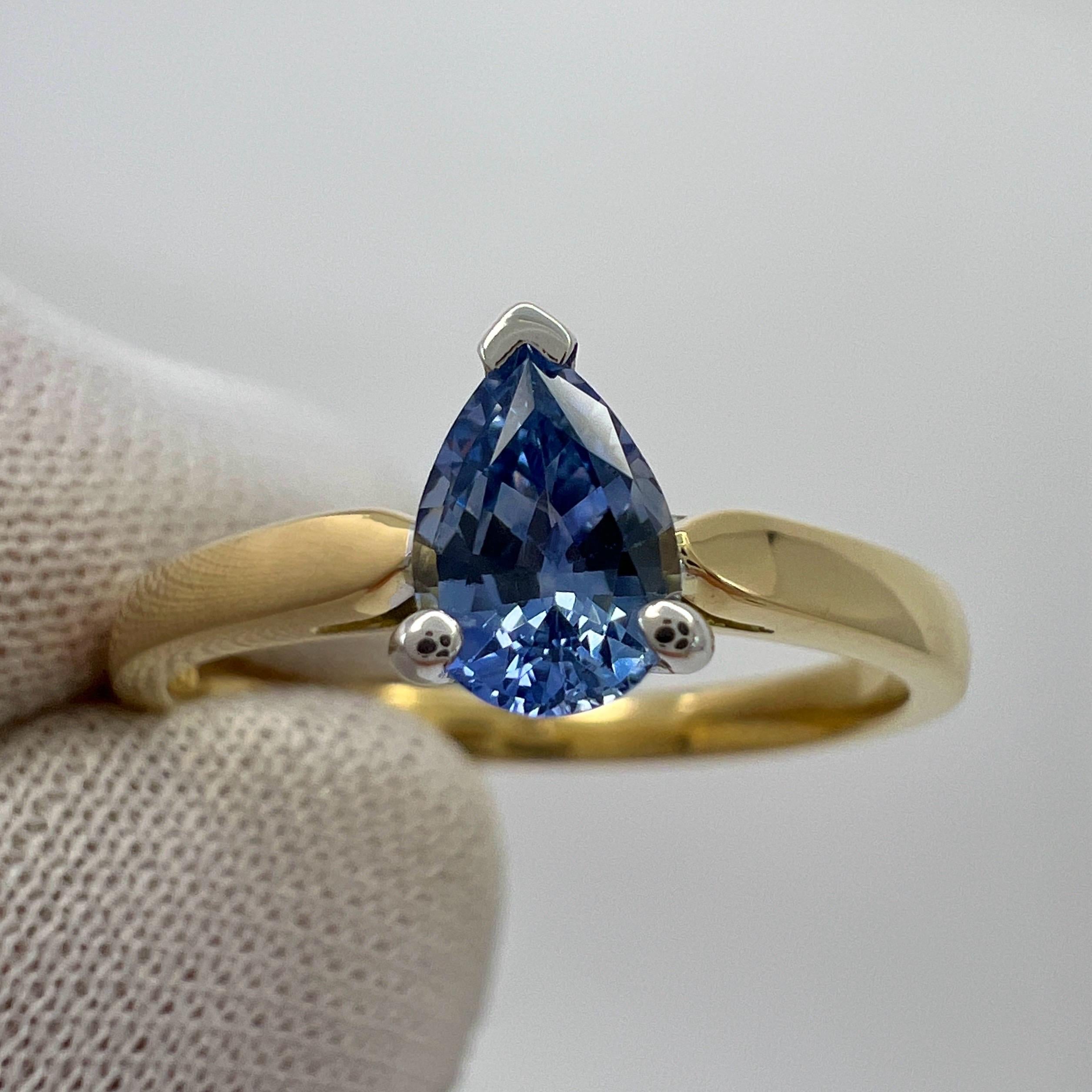 Fine Natural Vivid Blue Ceylon Sapphire Pear Teardrop 18k Gold Solitaire Ring For Sale 3