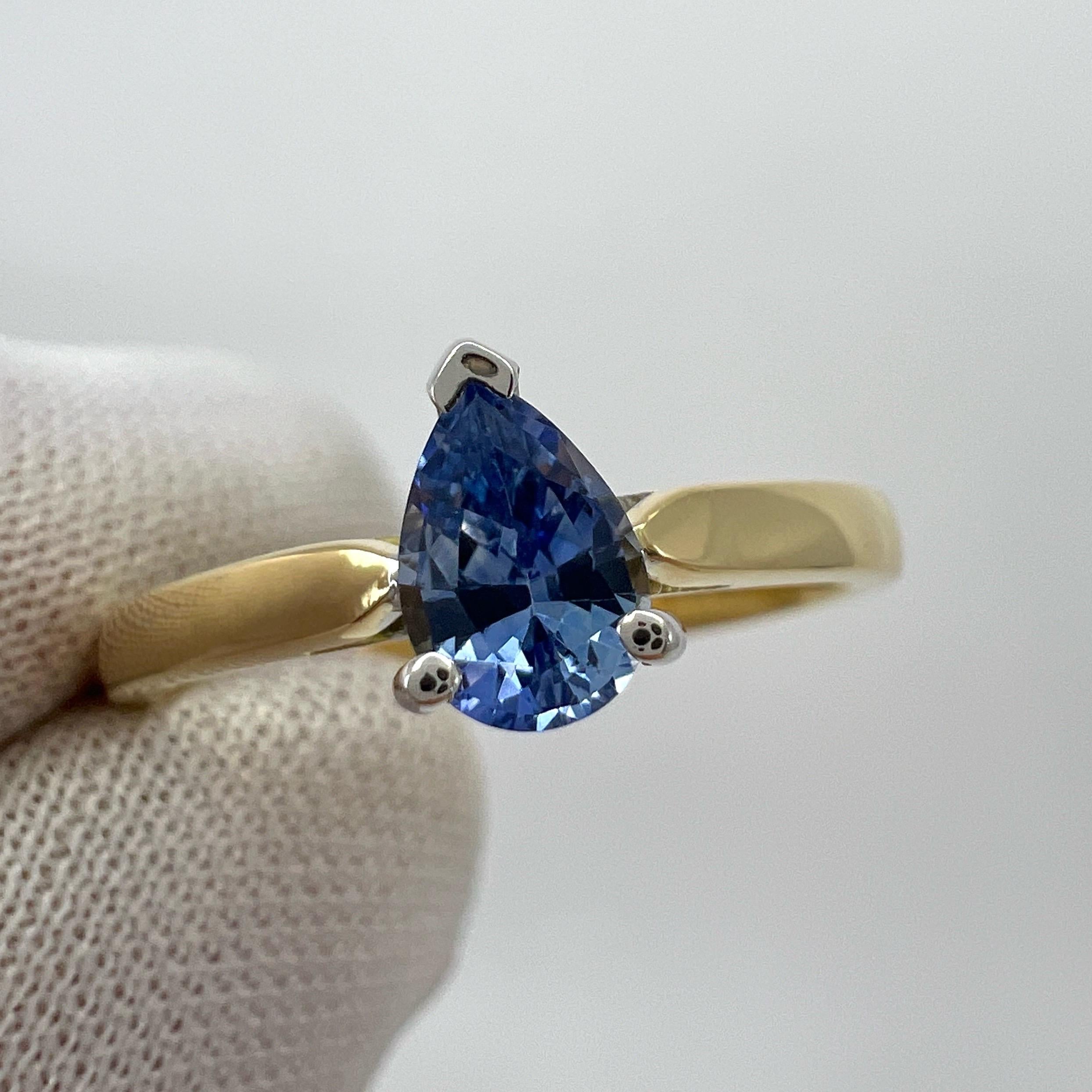 Fine Natural Vivid Blue Ceylon Sapphire Pear Teardrop 18k Gold Solitaire Ring For Sale 4