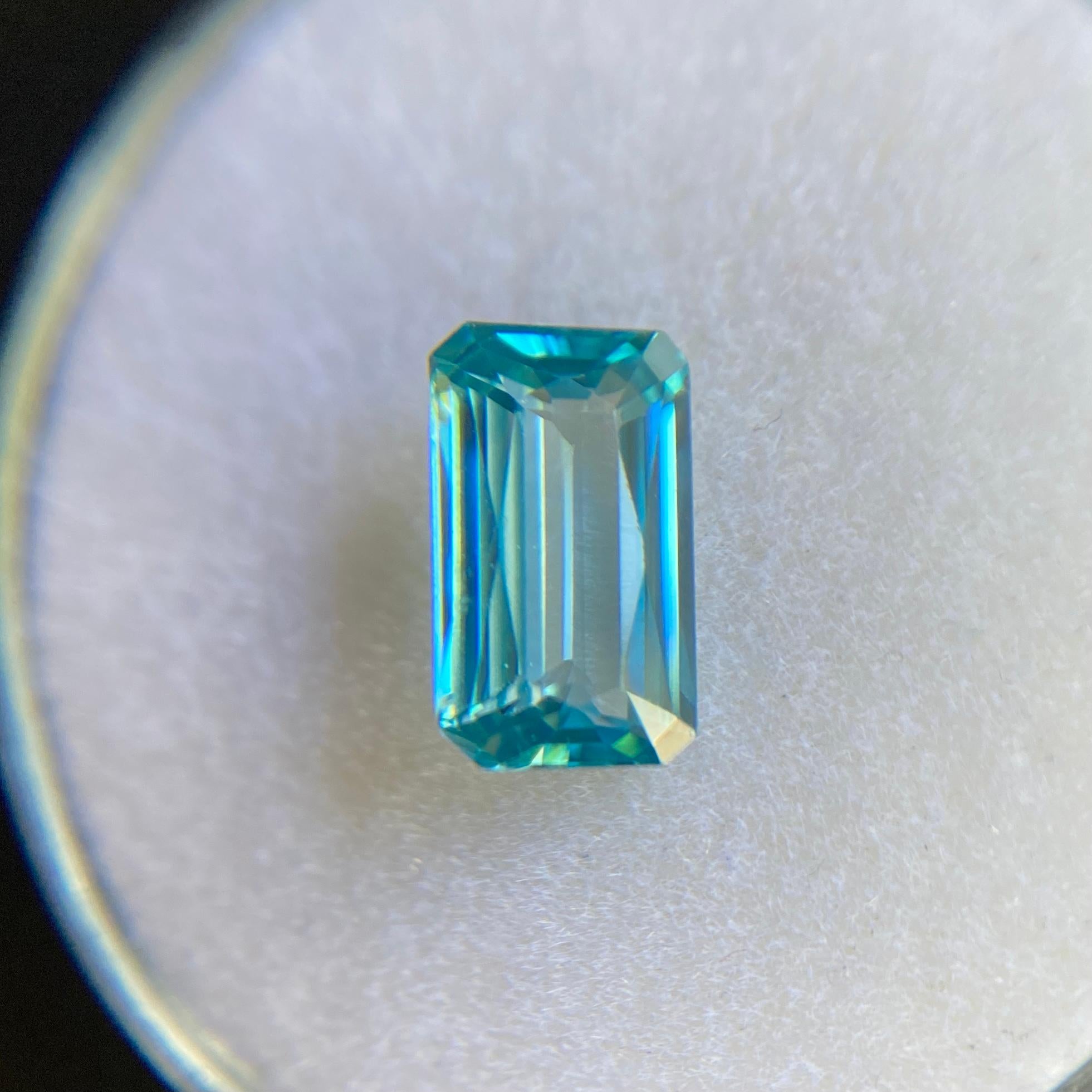 Fine Natural Vivid Neon Blue Zircon 1.71ct Emerald Cut Loose Gem In New Condition In Birmingham, GB
