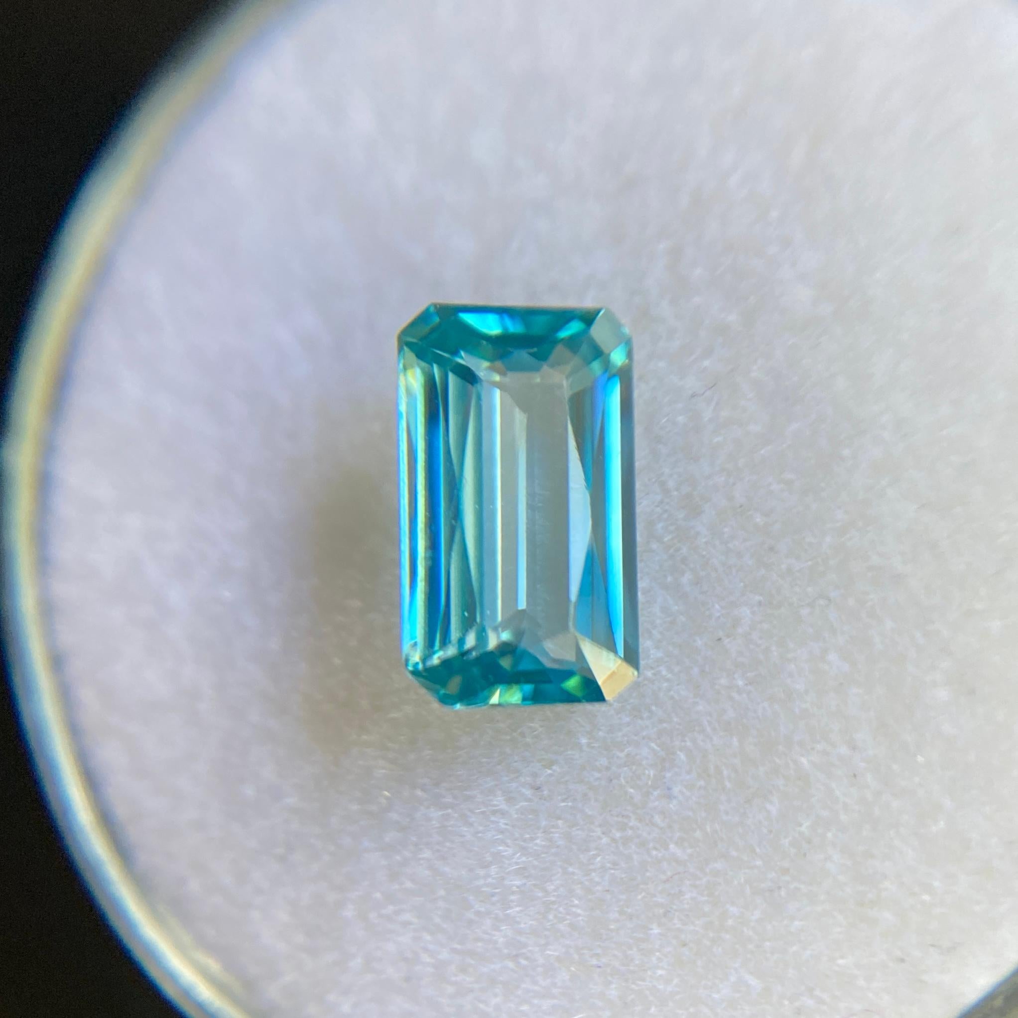 Women's or Men's Fine Natural Vivid Neon Blue Zircon 1.71ct Emerald Cut Loose Gem
