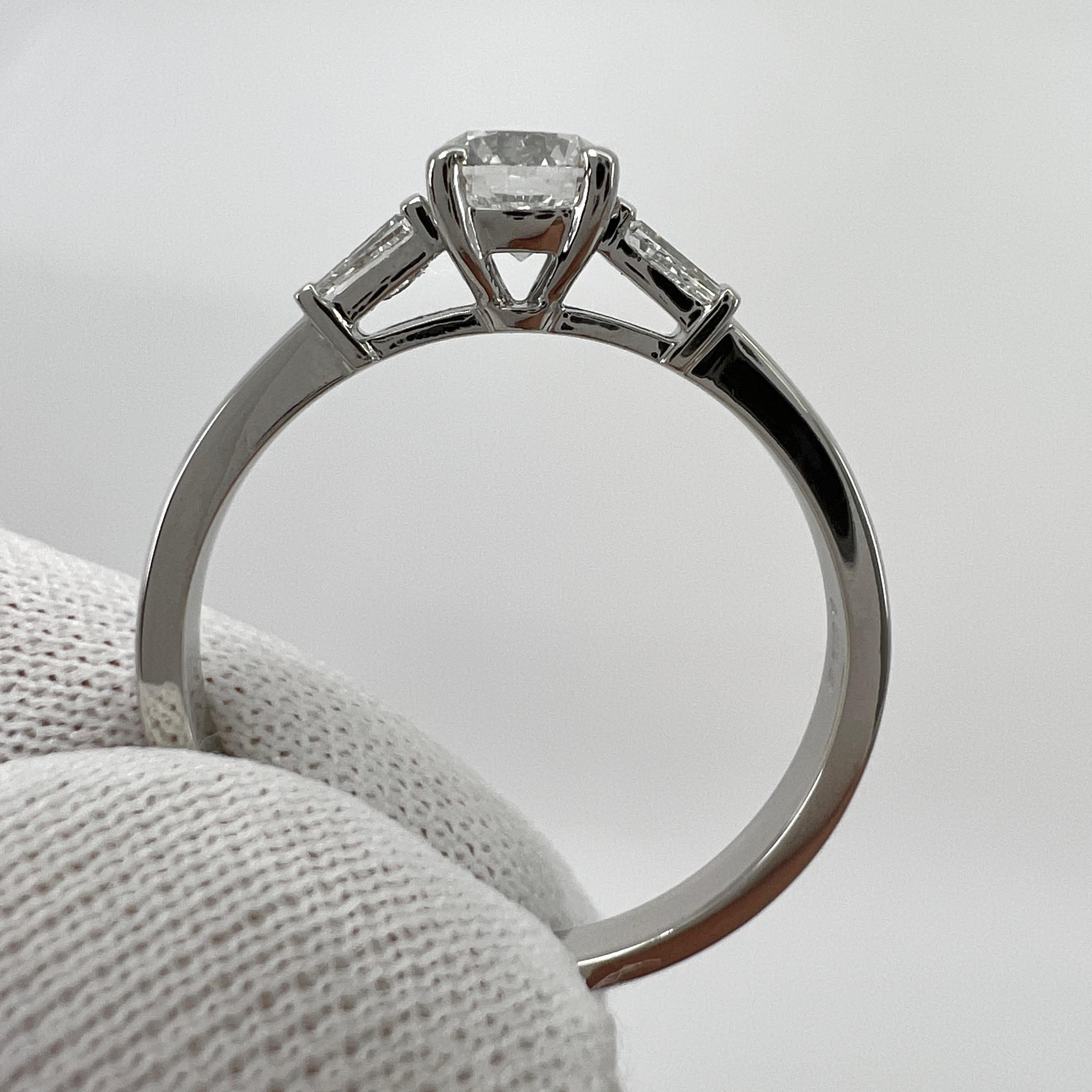 Fine Natural White Diamond Platinum Round Tapered Baguette Cut Three Stone Ring For Sale 3