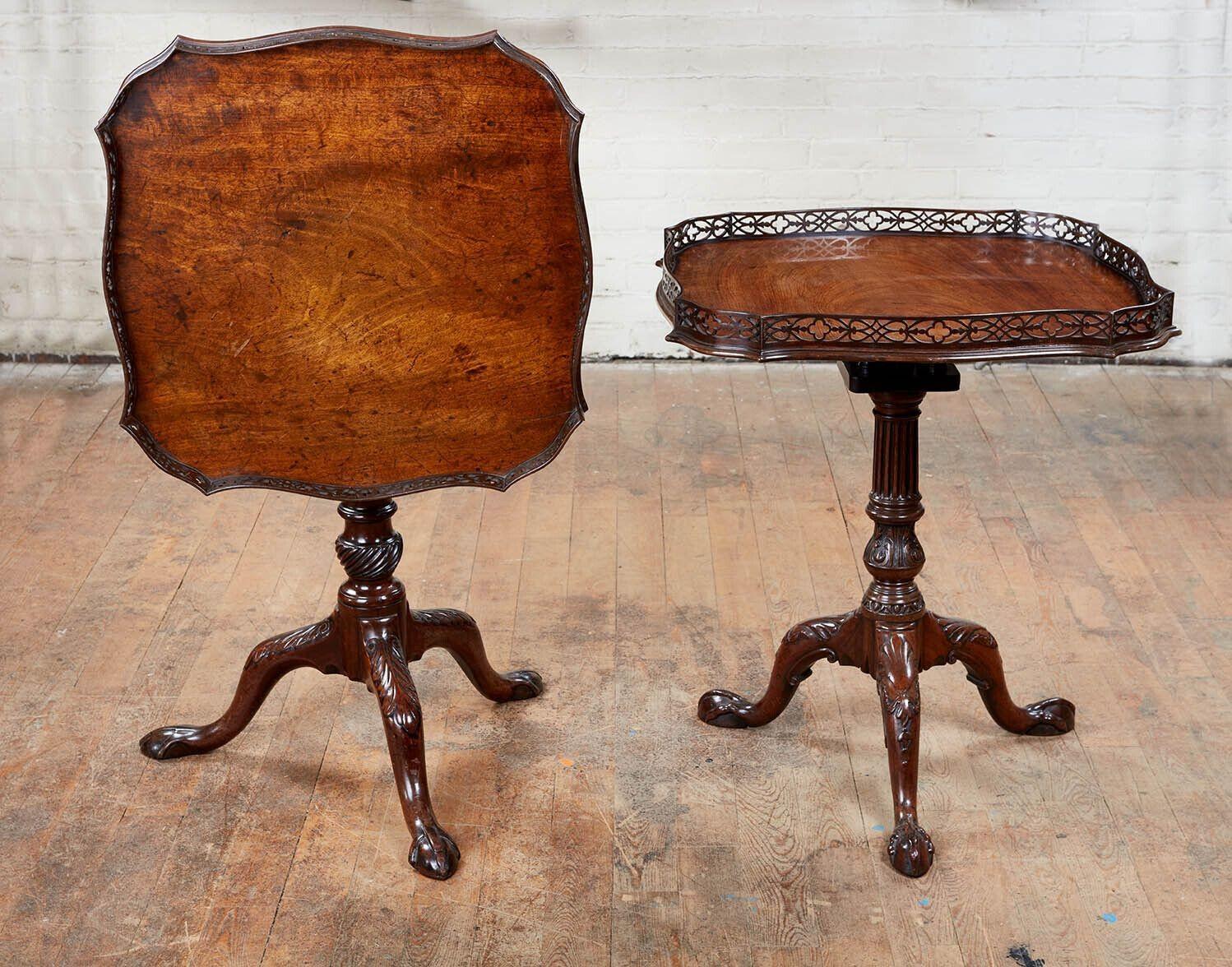 Chinese Export Fine Near Pair of Georgian Padouk Fretwork Gallery Tables For Sale