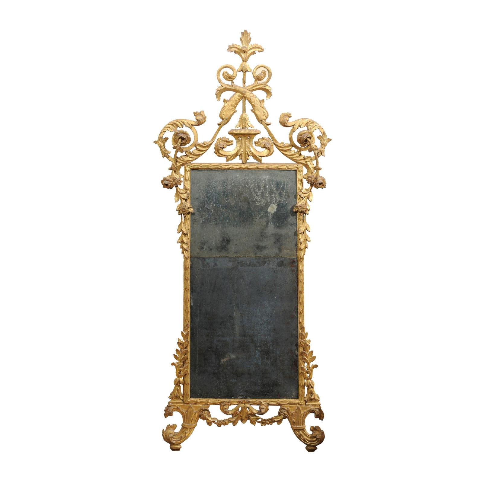 Fine Neoclassical Italian Giltwood Carved Dolphin Crest Mirror, circa 1780 For Sale