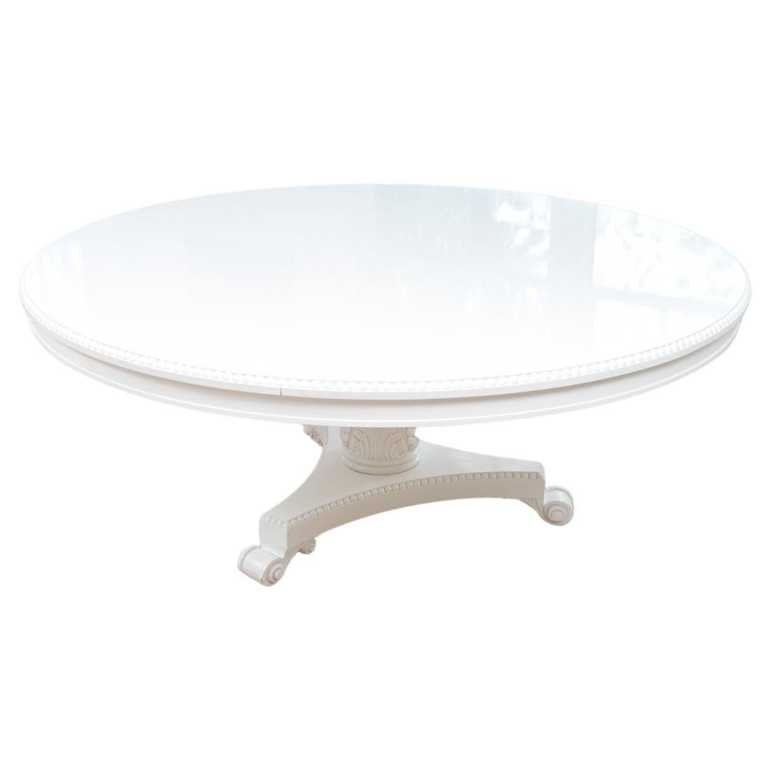 Fine Neoclassical Style White Lacquered 72" Round Pedestal Dining Table For Sale