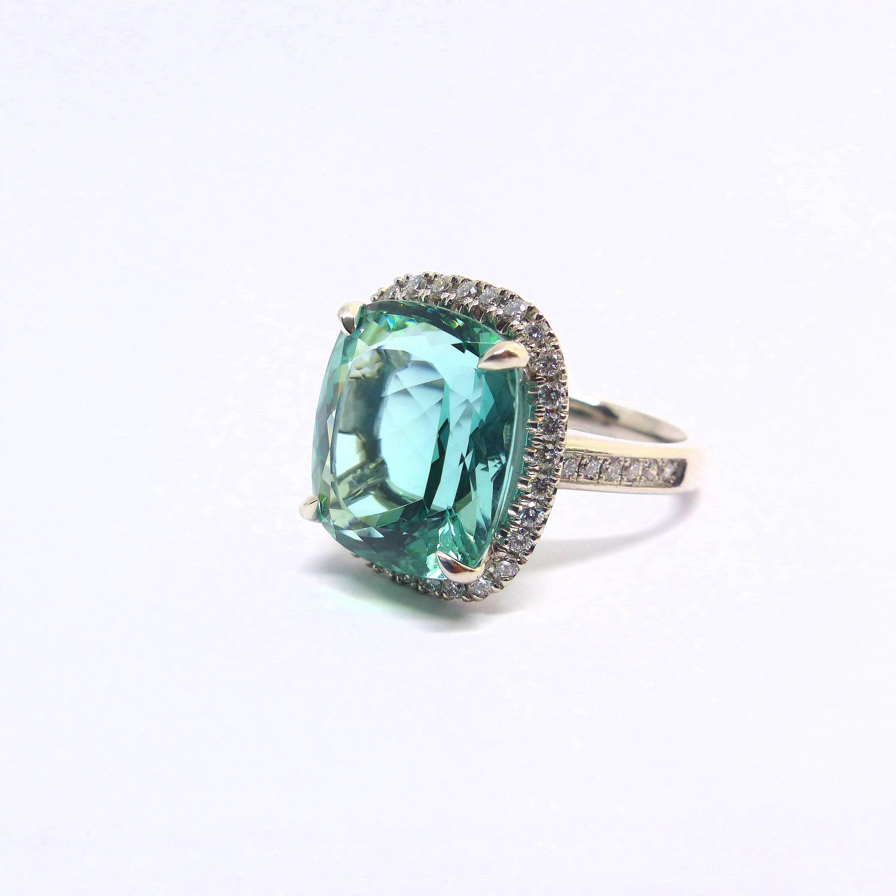 Neoclassical Ring in White Gold with 1 Tourmaline Cushion Shape and Diamonds.  For Sale