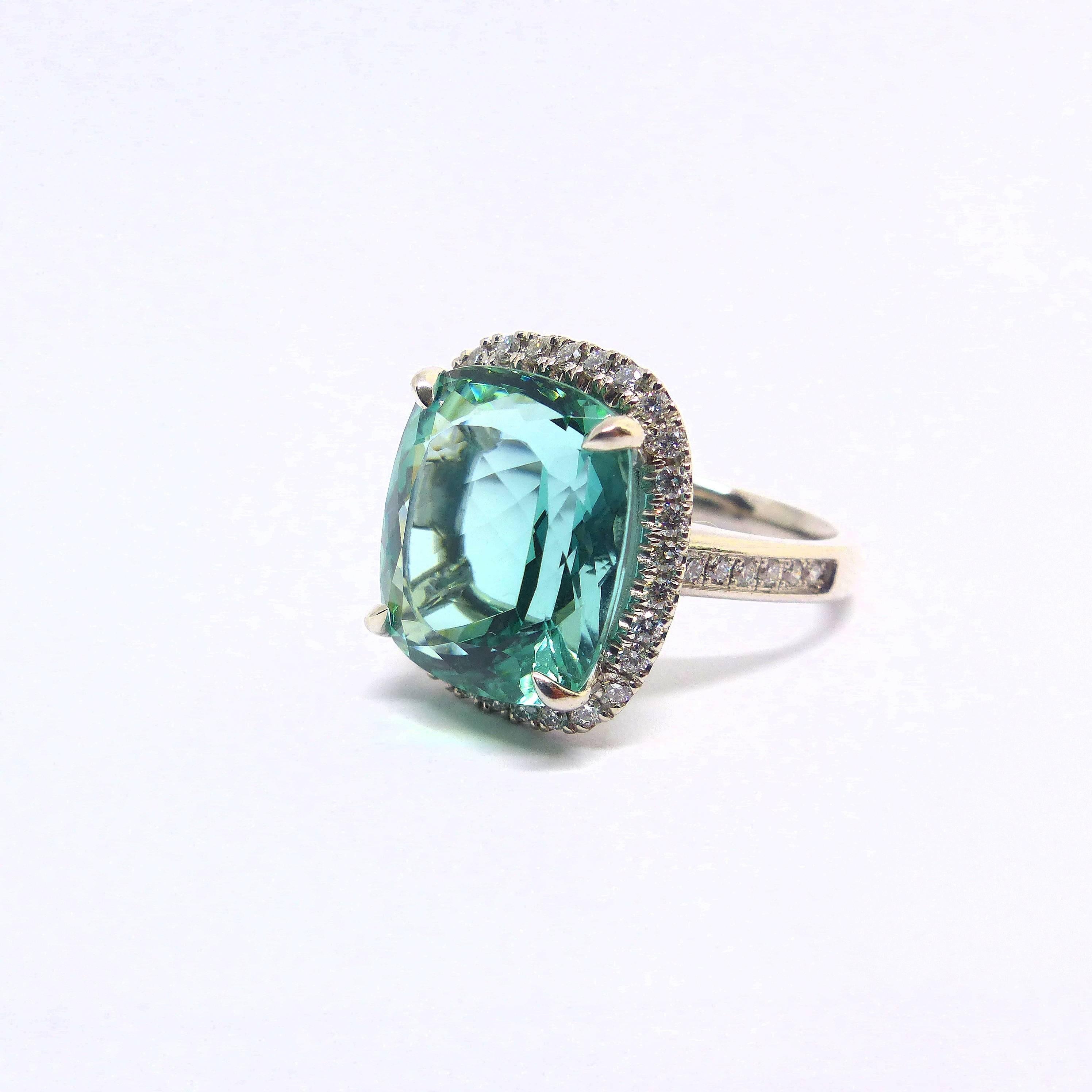 Neoclassical Ring in White Gold with 1 Tourmaline Cushion Shape and Diamonds. For Sale