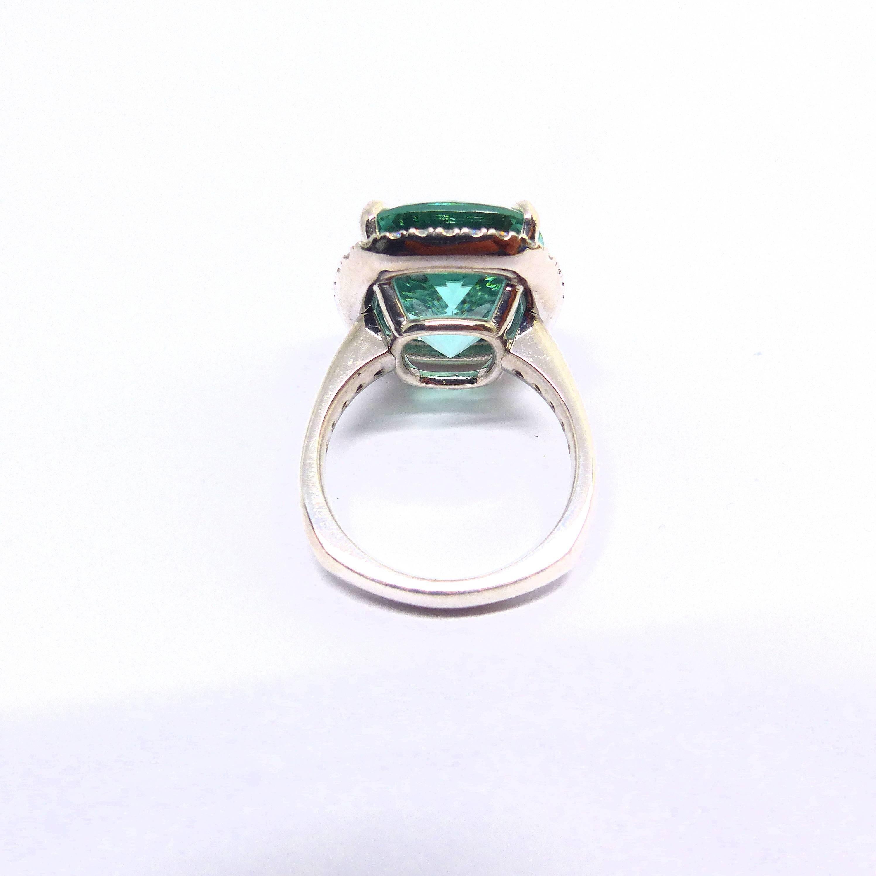 Women's Ring in White Gold with 1 Tourmaline Cushion Shape and Diamonds.  For Sale